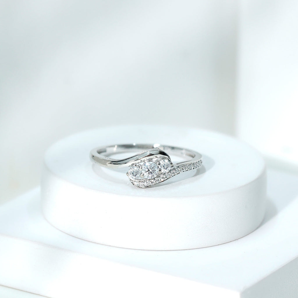 Certified Moissanite Three Stone Engagement Ring with Bypass Shank