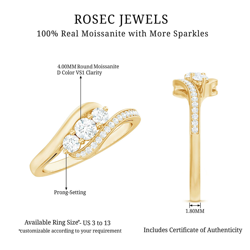 Certified Moissanite Three Stone Engagement Ring with Bypass Shank
