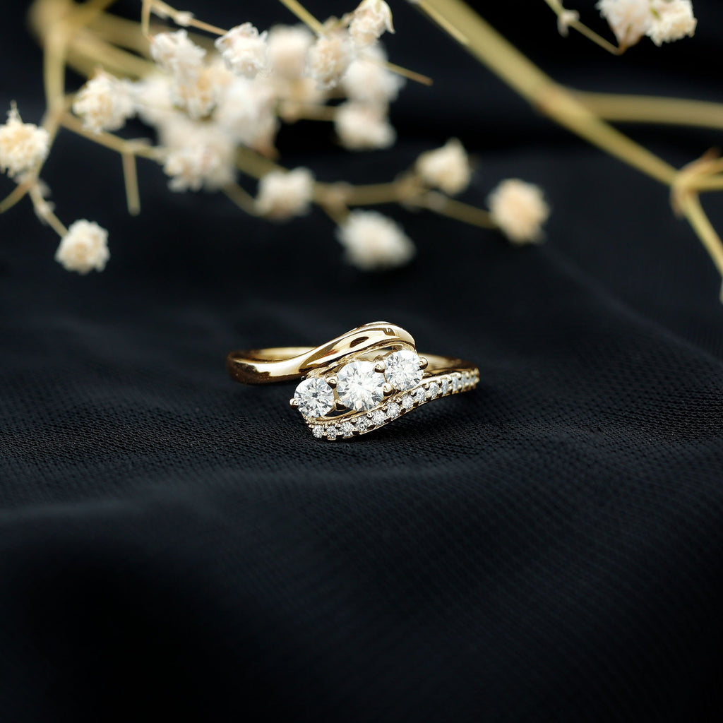 Certified Moissanite Three Stone Engagement Ring with Bypass Shank