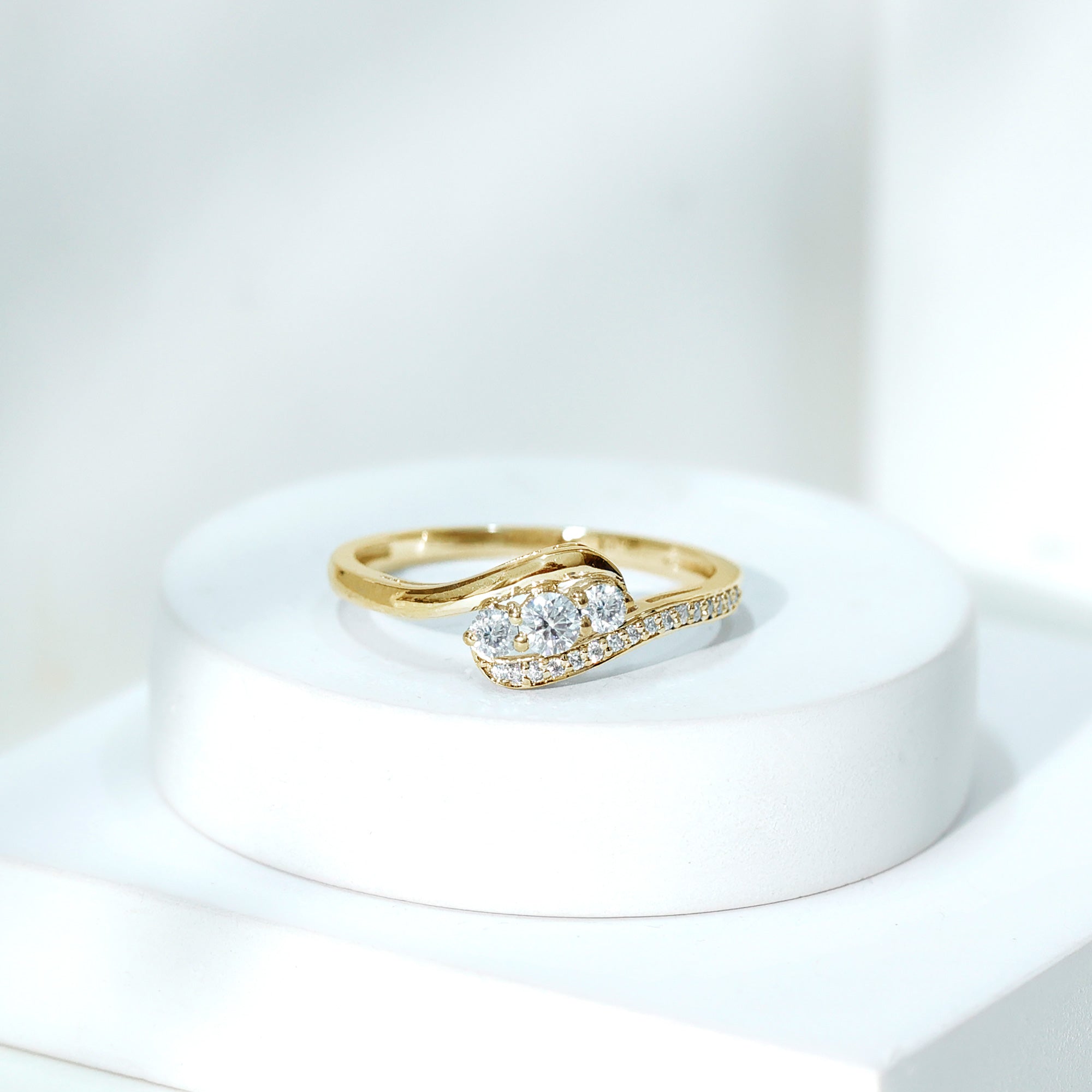Certified Moissanite Three Stone Engagement Ring with Bypass Shank