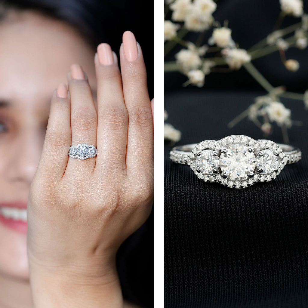 2 CT Certified Moissanite Three Stone Statement Engagement Ring