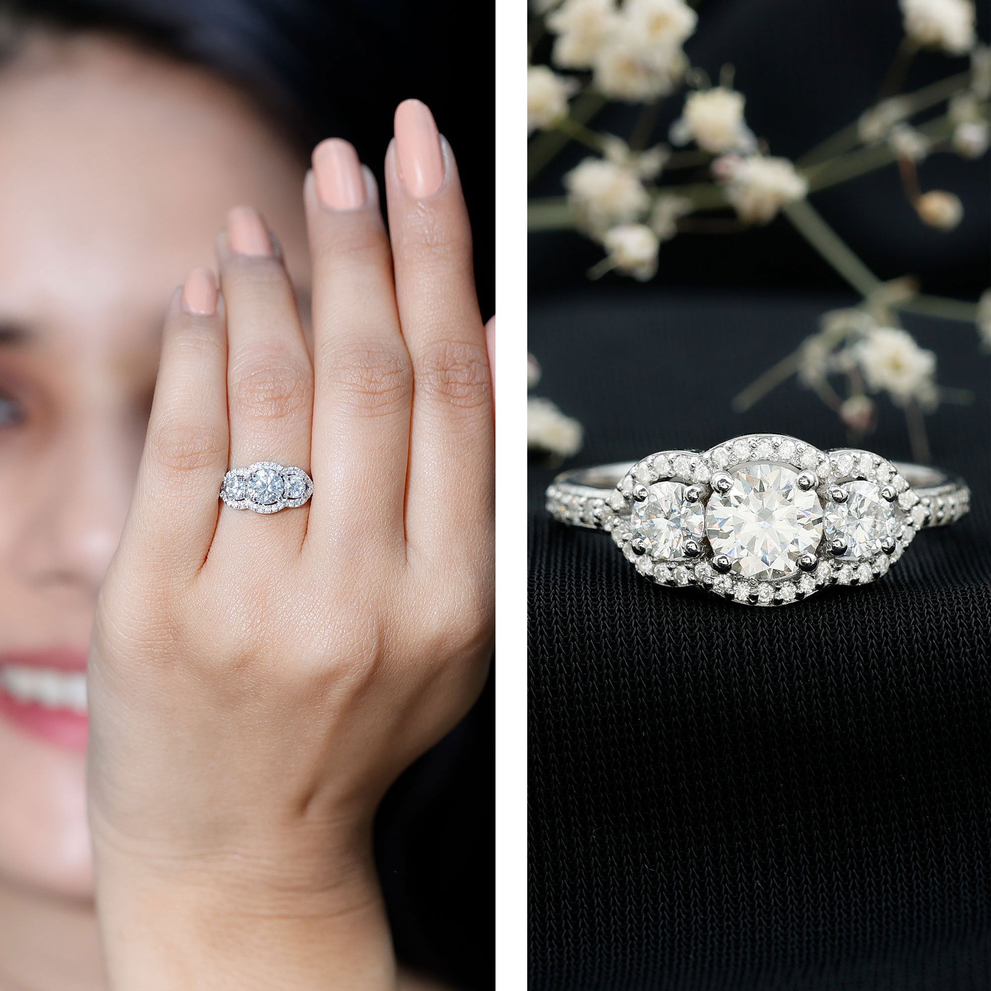 2 CT Certified Moissanite Three Stone Statement Engagement Ring