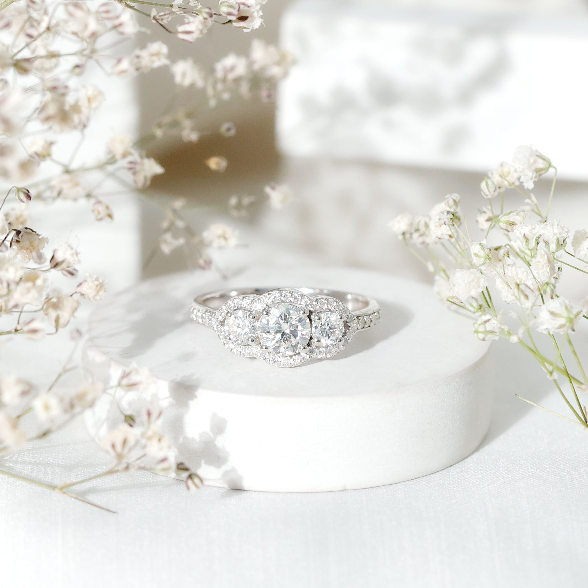 2 CT Certified Moissanite Three Stone Statement Engagement Ring