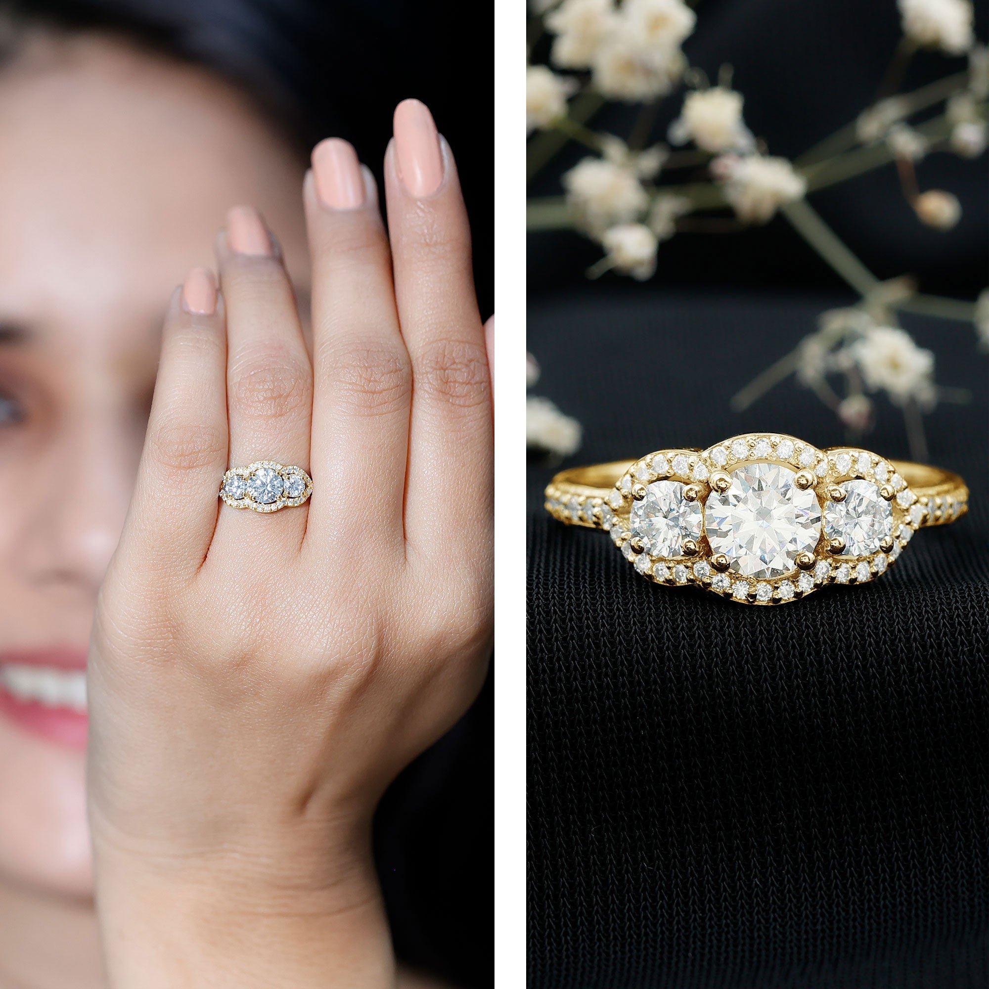 2 CT Certified Moissanite Three Stone Statement Engagement Ring