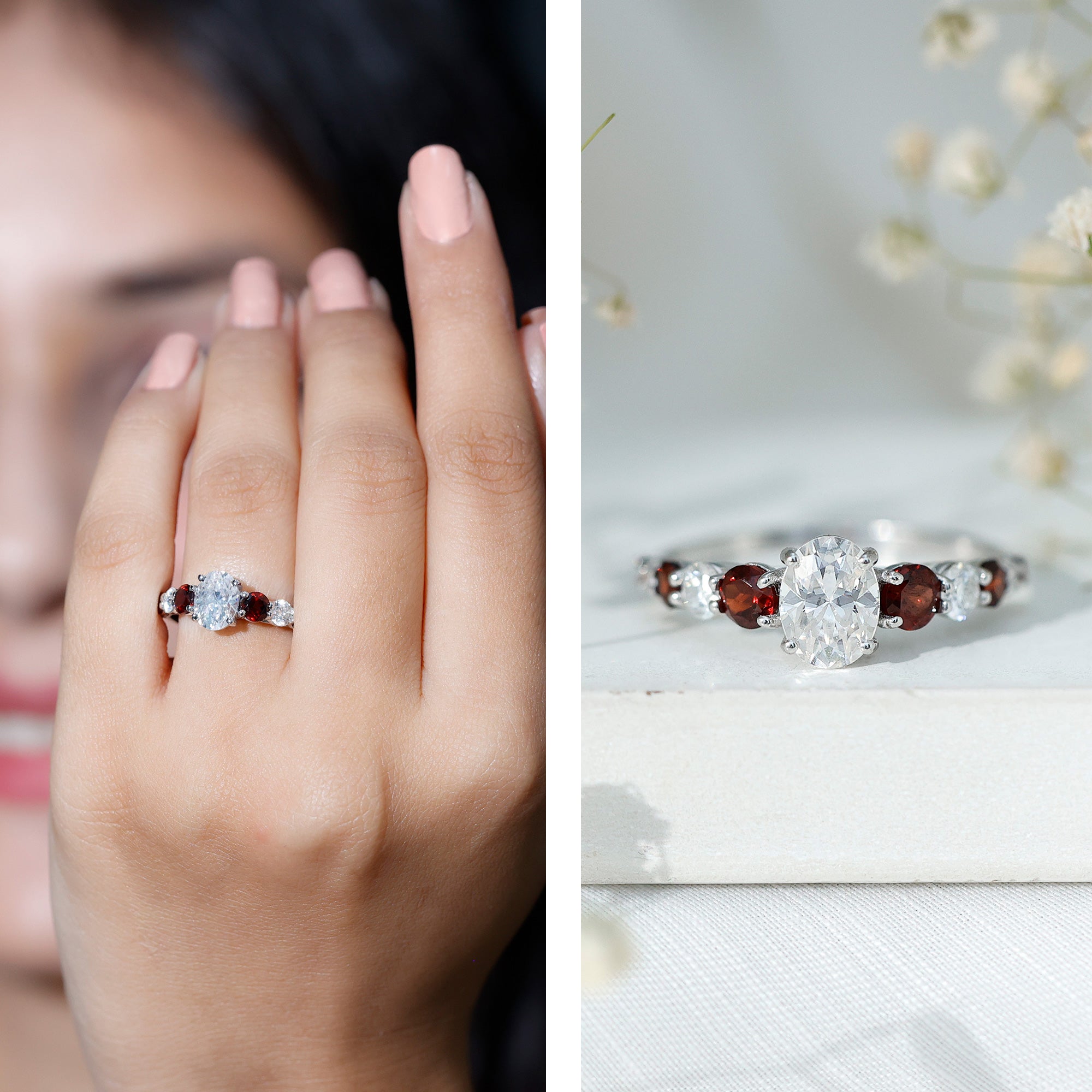 Moissanite 6X8 MM Oval Engagement Ring with Garnet
