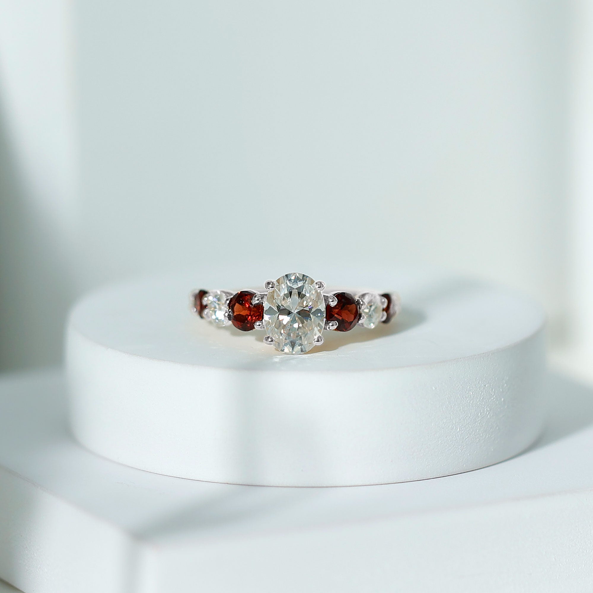 Moissanite 6X8 MM Oval Engagement Ring with Garnet