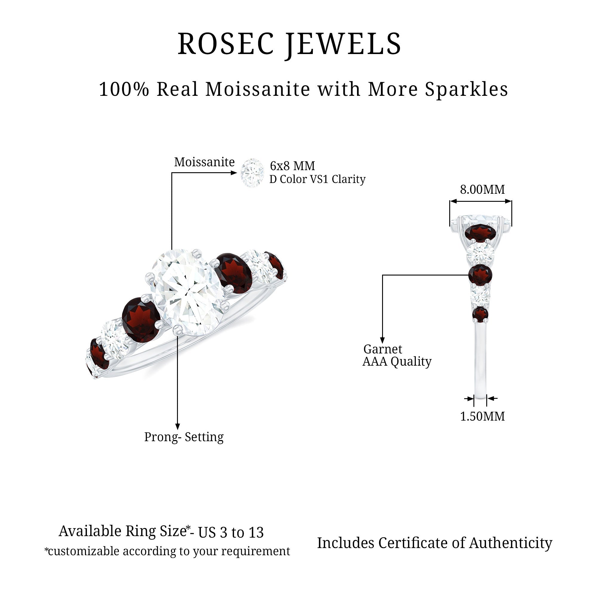 Moissanite 6X8 MM Oval Engagement Ring with Garnet