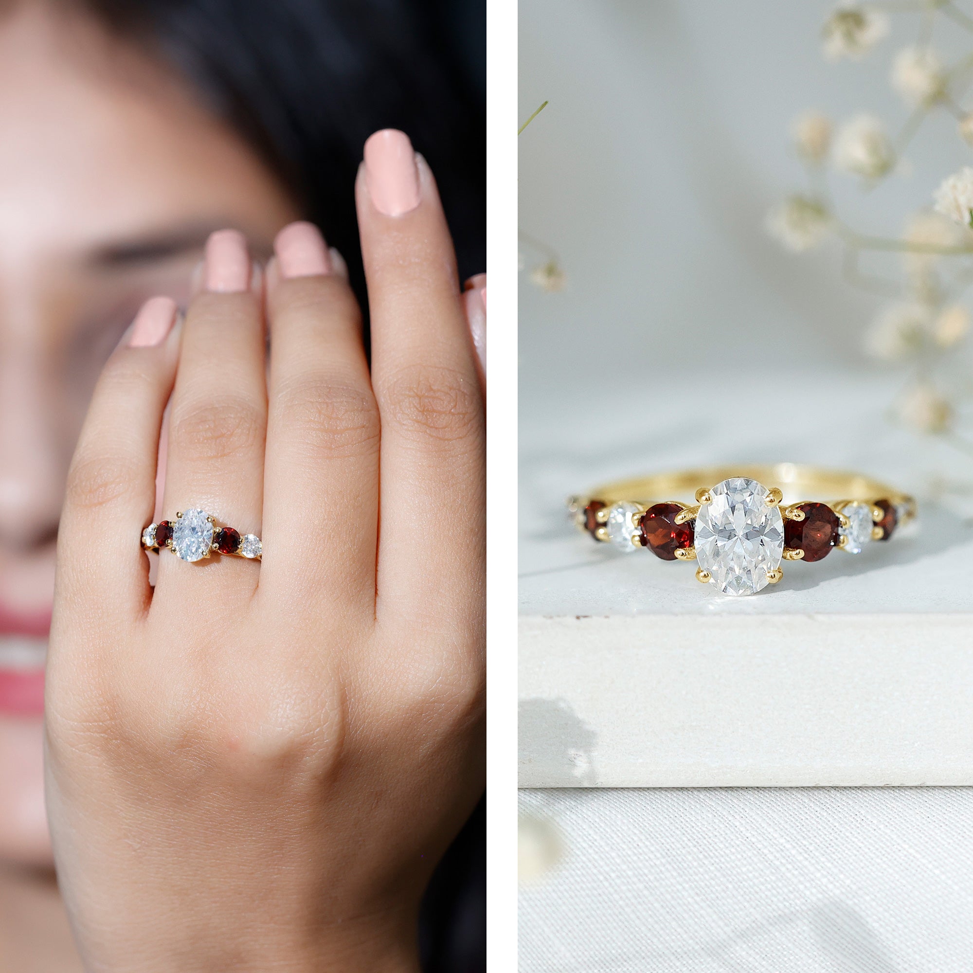 Moissanite 6X8 MM Oval Engagement Ring with Garnet