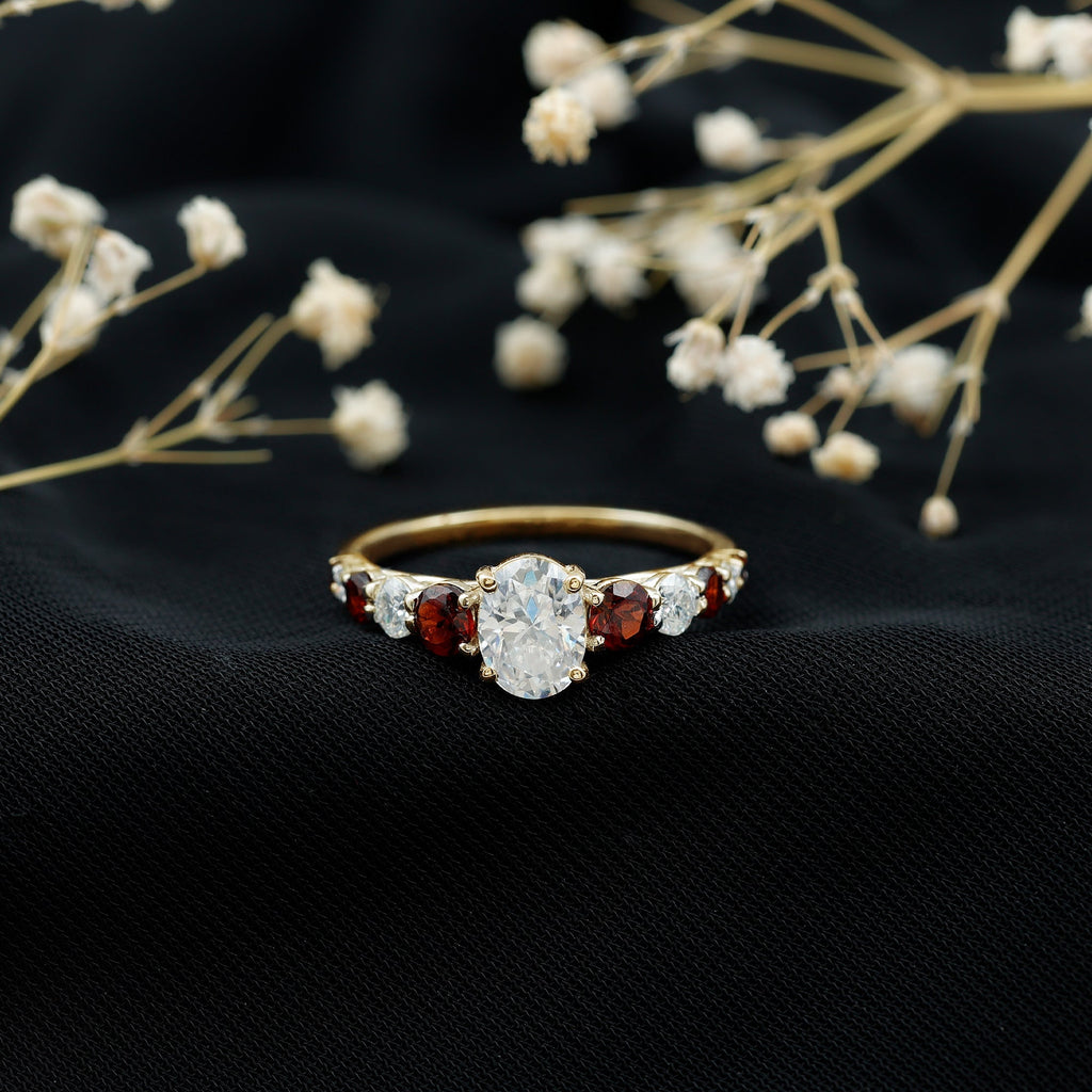 Moissanite 6X8 MM Oval Engagement Ring with Garnet