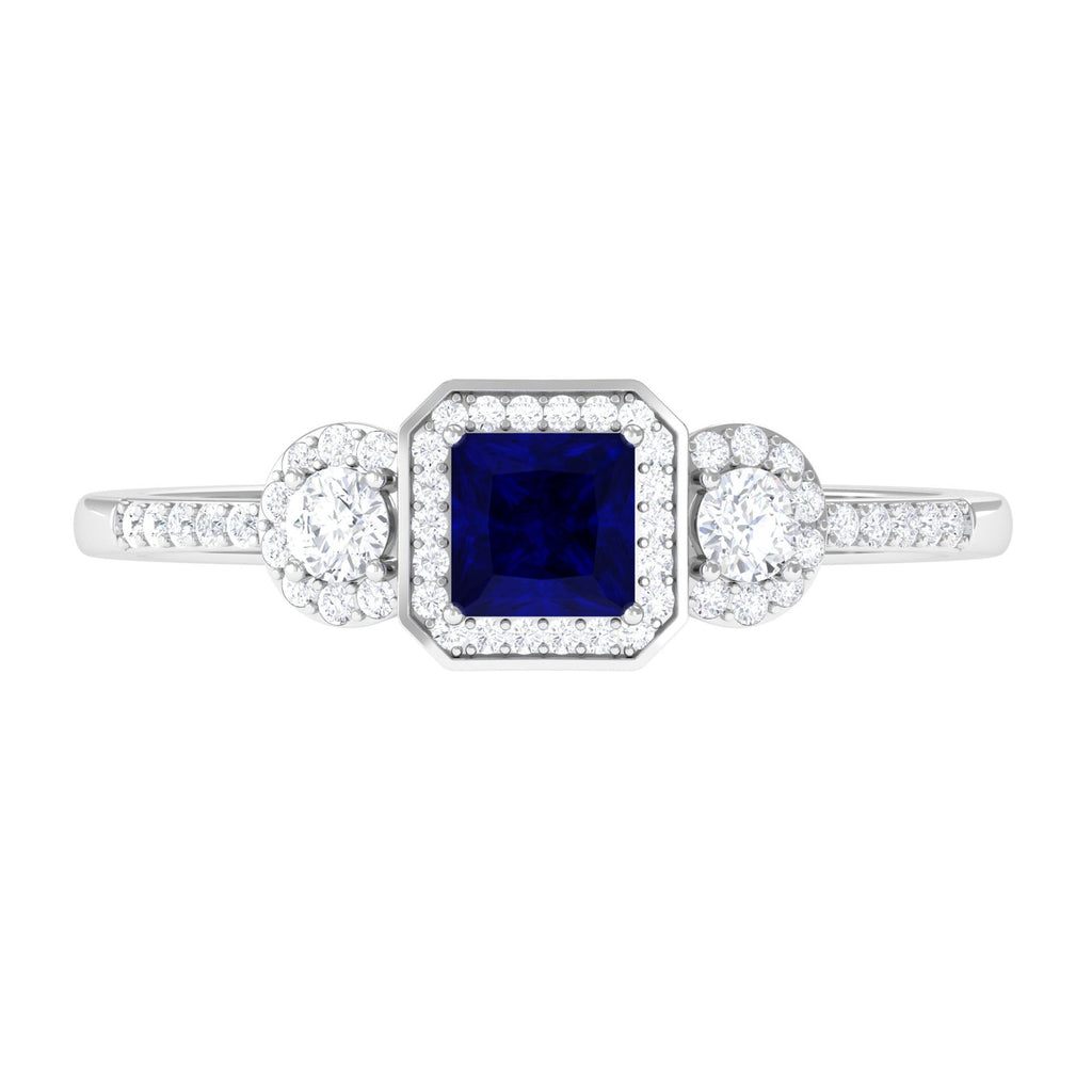 3/4 CT Princess Cut Blue Sapphire and Diamond Engagement Ring