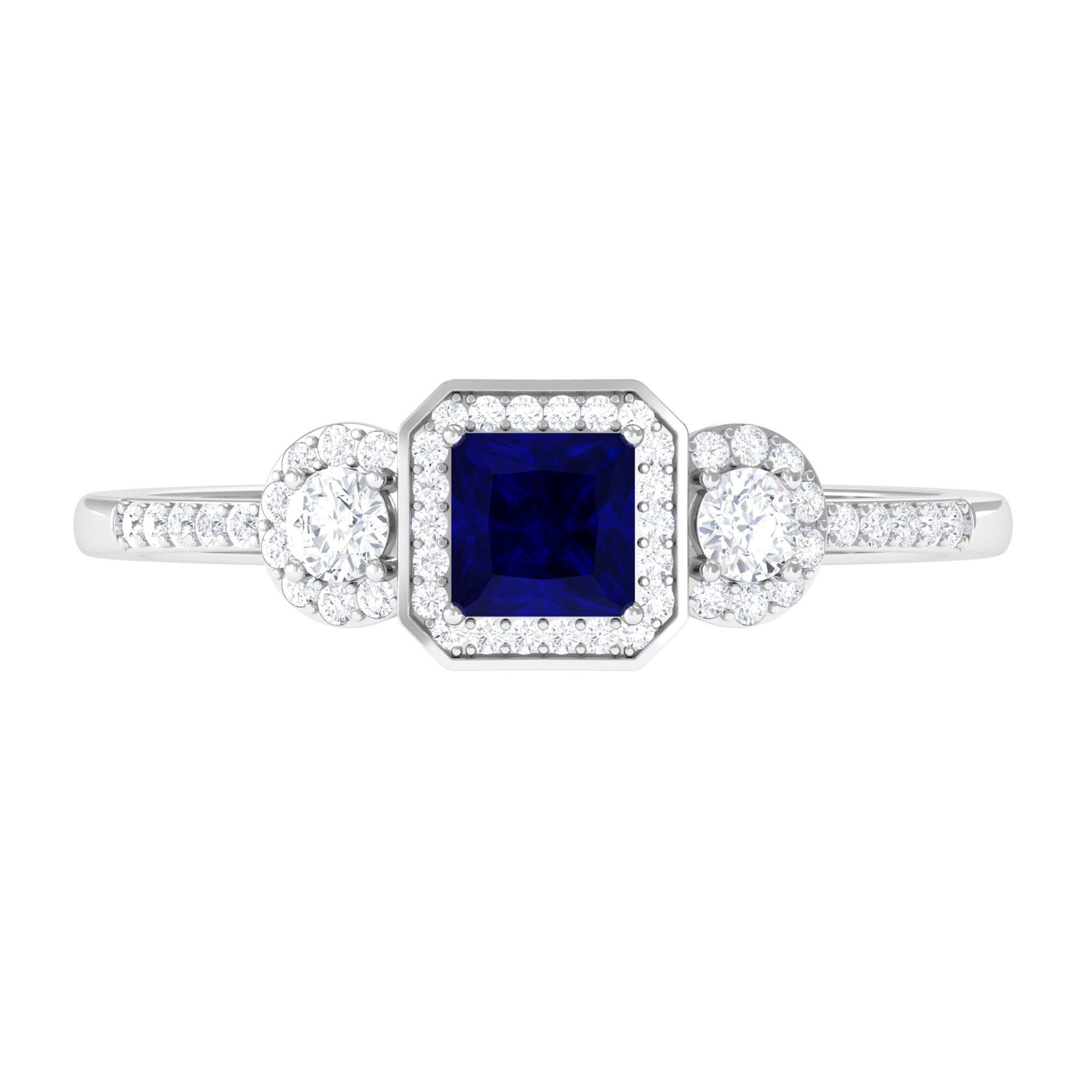3/4 CT Princess Cut Blue Sapphire and Diamond Engagement Ring