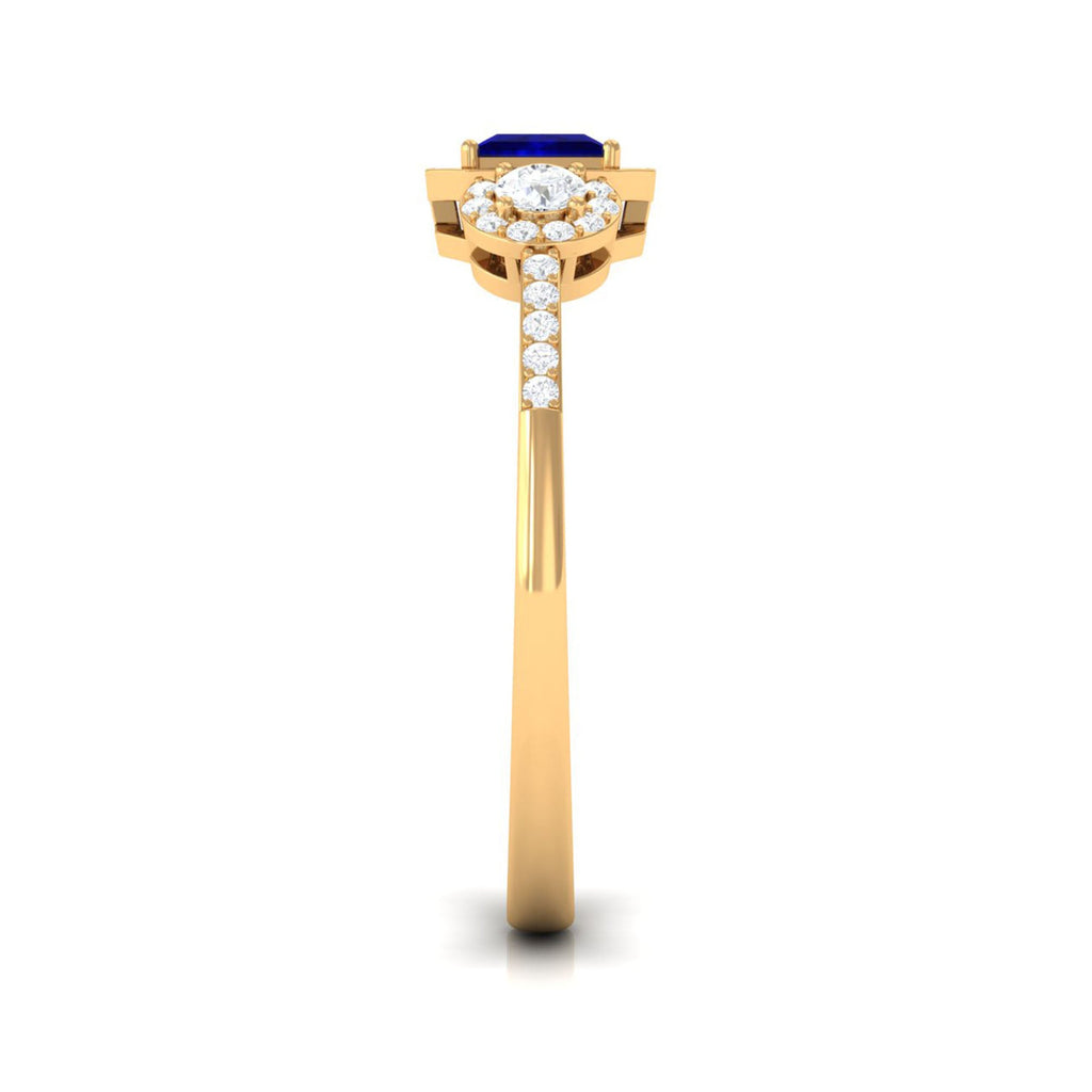 3/4 CT Princess Cut Blue Sapphire and Diamond Engagement Ring