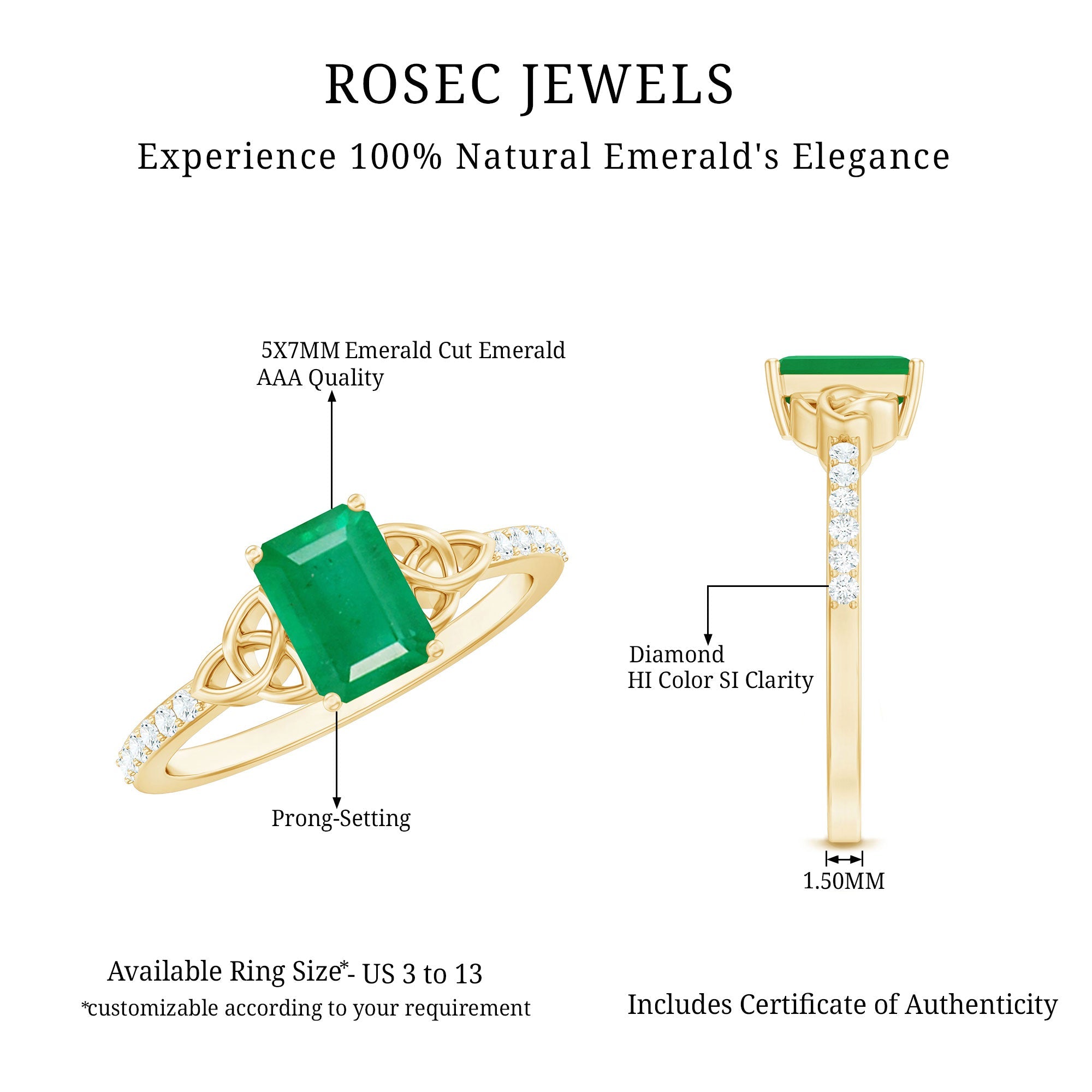 Natural 5X7mm Emerald Cut Emerald Diamond Engagement Ring with Celtic Knot
