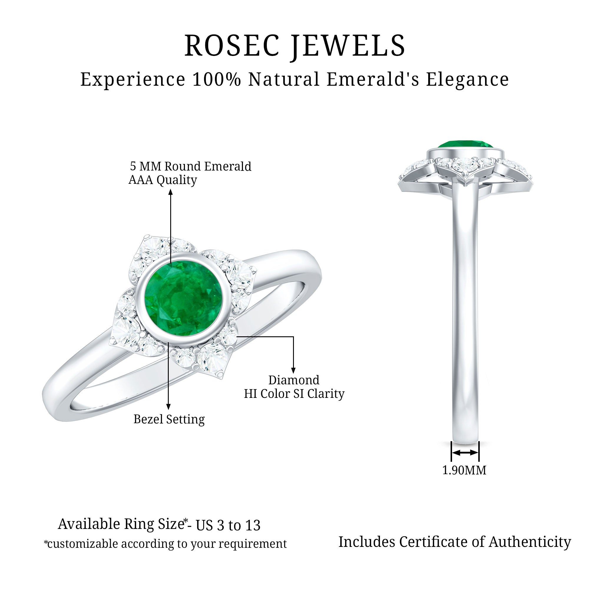 Natural Bezel Set 5mm Emerald Flower Engagement Ring with Diamond