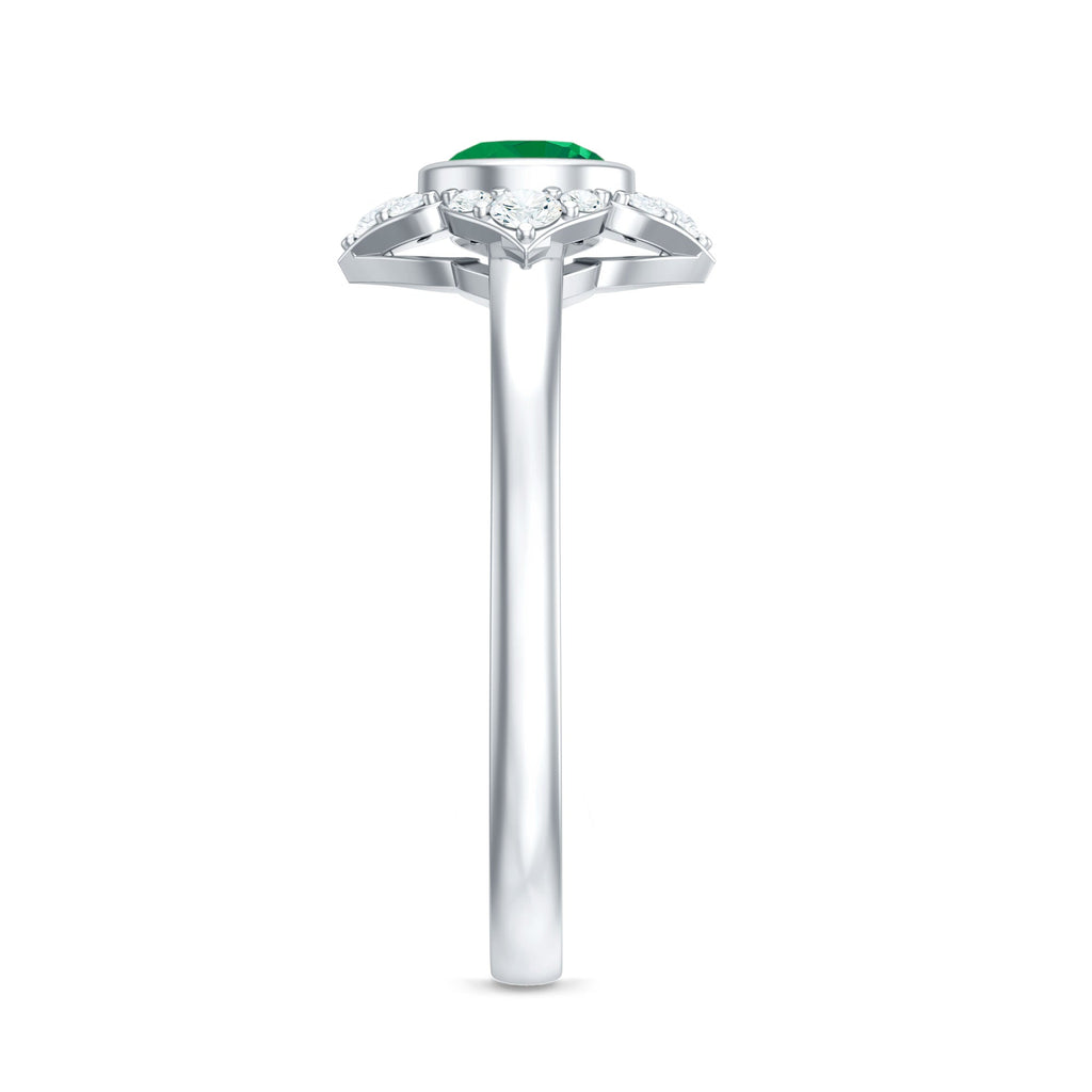 Natural Bezel Set 5mm Emerald Flower Engagement Ring with Diamond