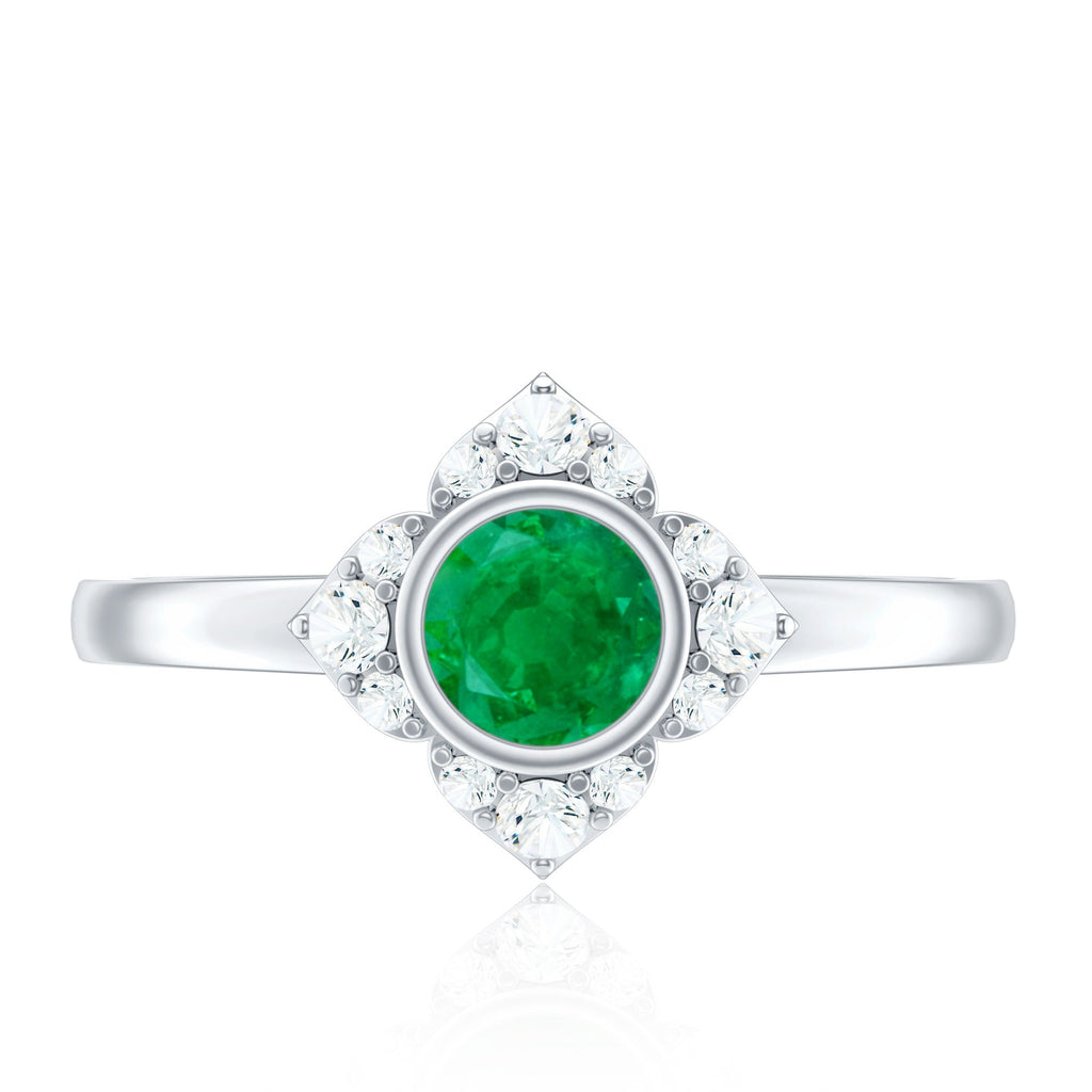 Natural Bezel Set 5mm Emerald Flower Engagement Ring with Diamond