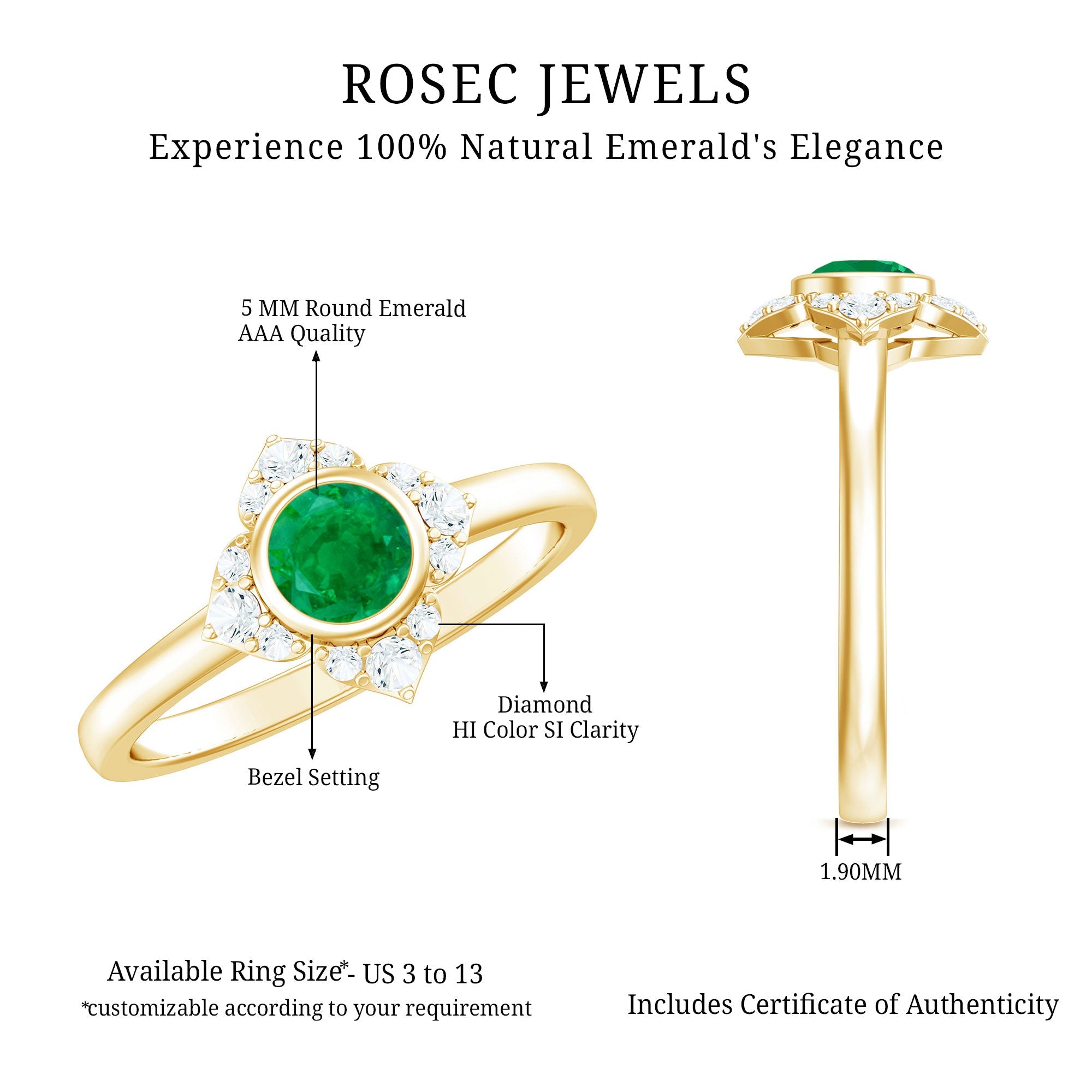 Natural Bezel Set 5mm Emerald Flower Engagement Ring with Diamond