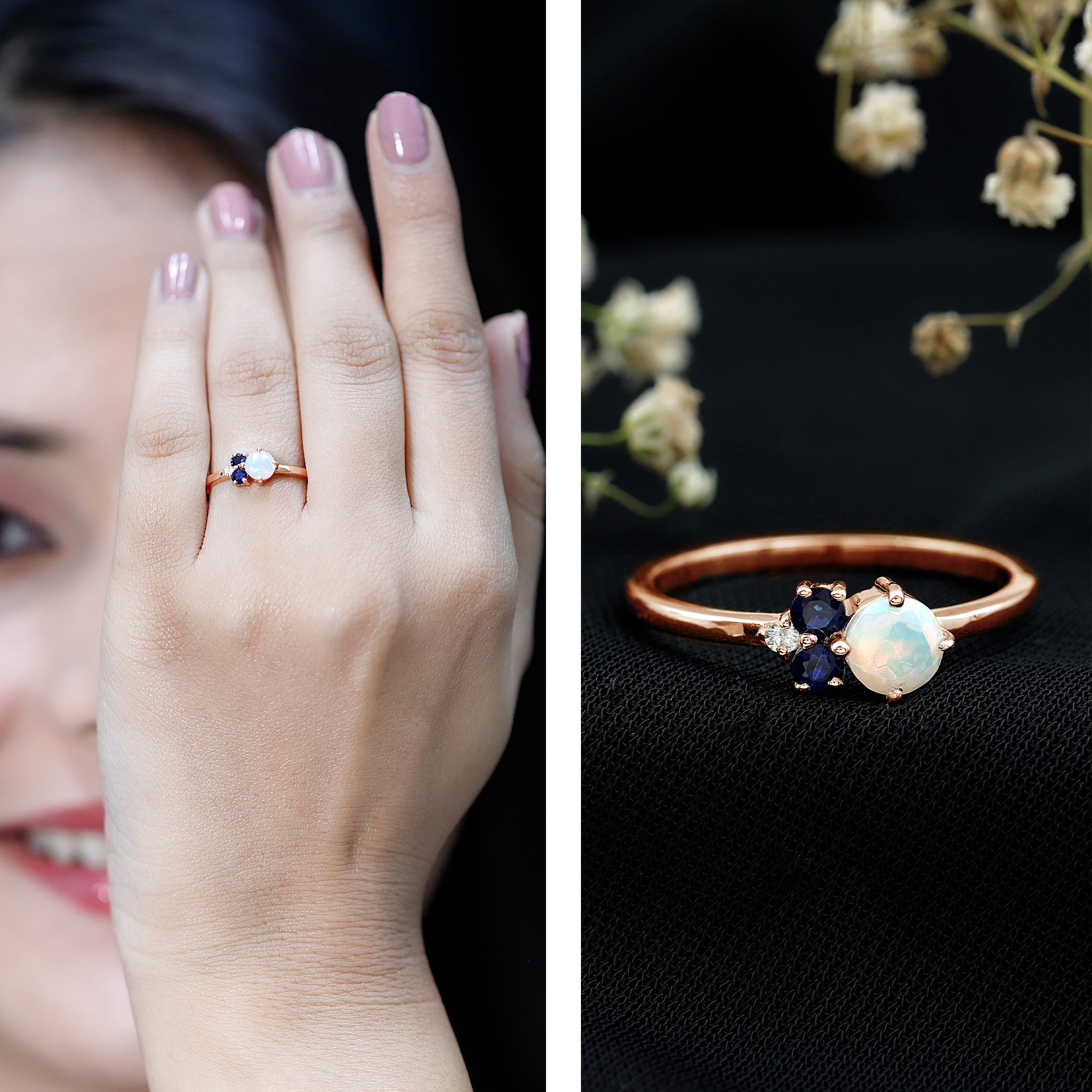 Genuine Ethiopian Opal and Sapphire Cluster Promise Ring with Moissanite
