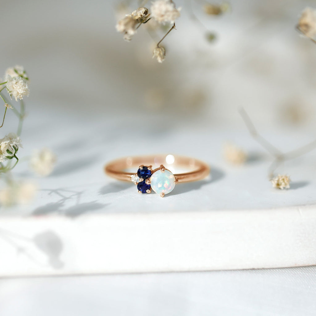 Genuine Ethiopian Opal and Sapphire Cluster Promise Ring with Moissanite