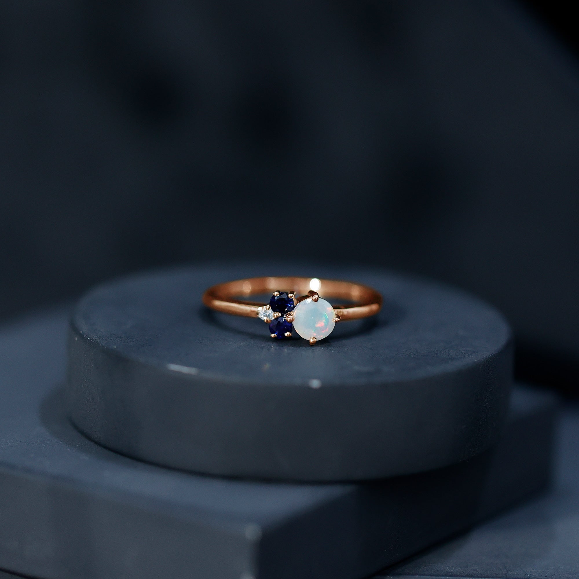Genuine Ethiopian Opal and Sapphire Cluster Promise Ring with Moissanite