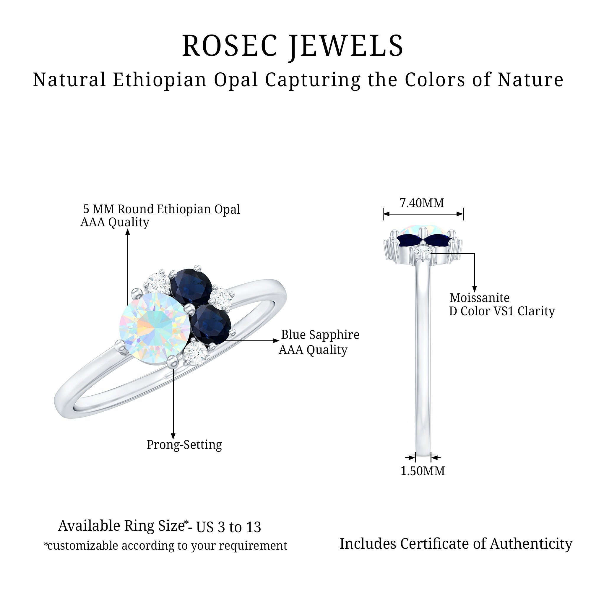 Genuine Ethiopian Opal and Sapphire Cluster Promise Ring with Moissanite