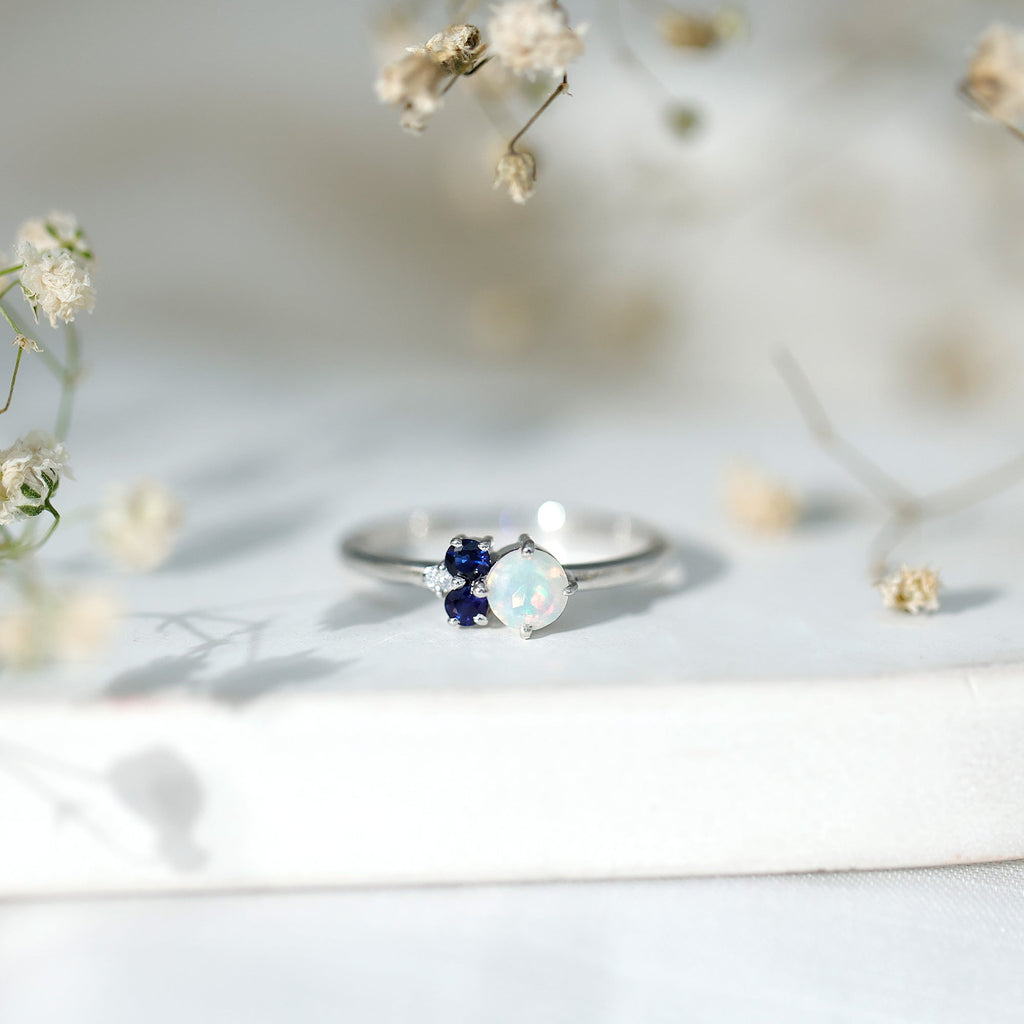 Genuine Ethiopian Opal and Sapphire Cluster Promise Ring with Moissanite
