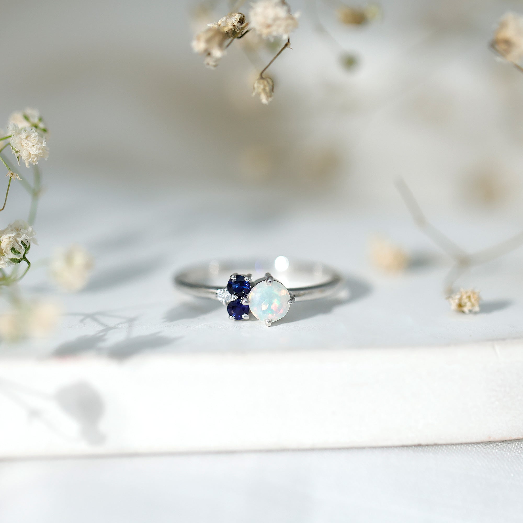Genuine Ethiopian Opal and Sapphire Cluster Promise Ring with Moissanite