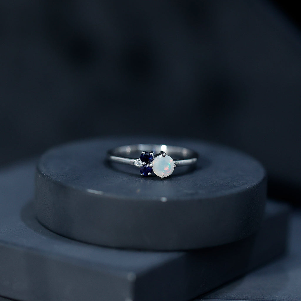Genuine Ethiopian Opal and Sapphire Cluster Promise Ring with Moissanite