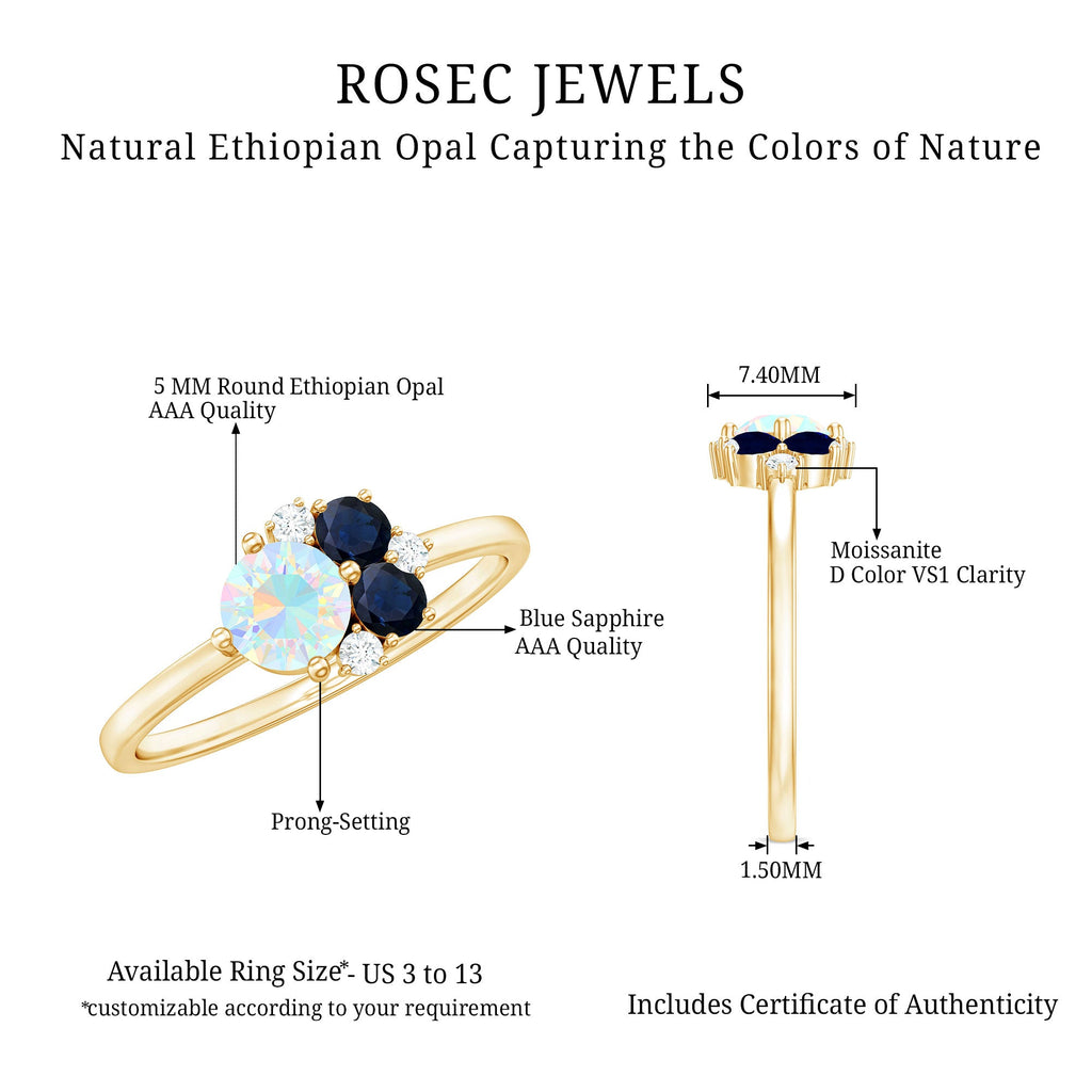 Genuine Ethiopian Opal and Sapphire Cluster Promise Ring with Moissanite