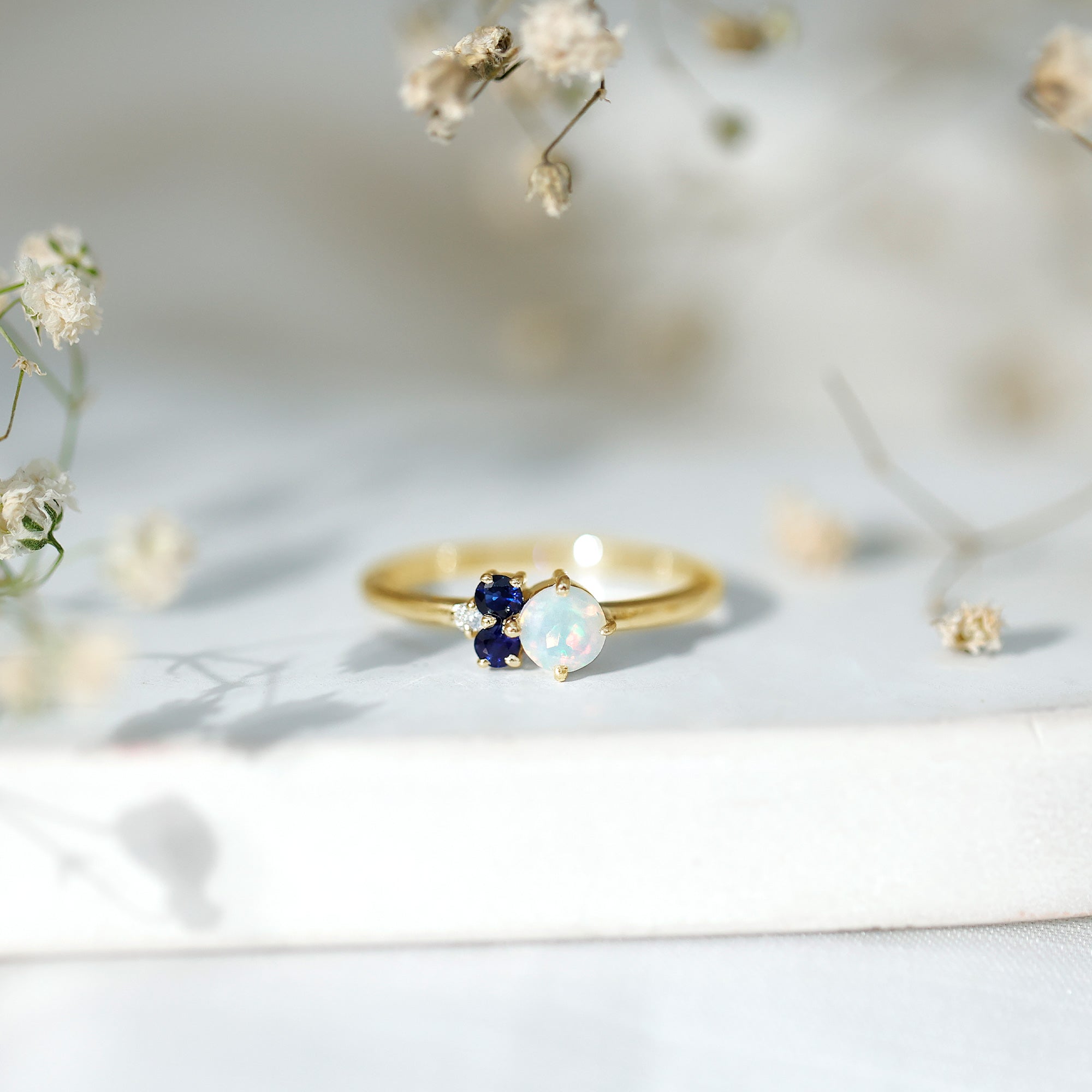 Genuine Ethiopian Opal and Sapphire Cluster Promise Ring with Moissanite
