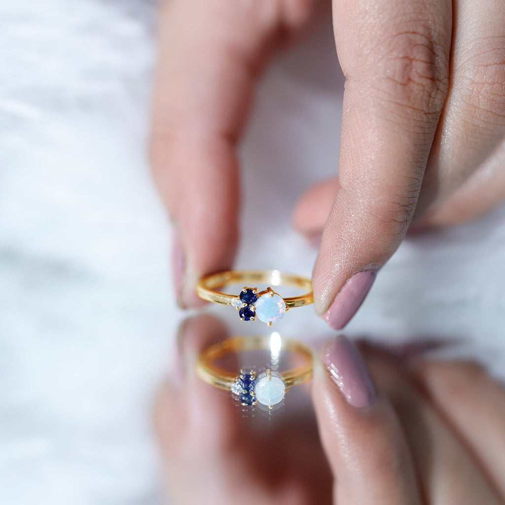 Genuine Ethiopian Opal and Sapphire Cluster Promise Ring with Moissanite