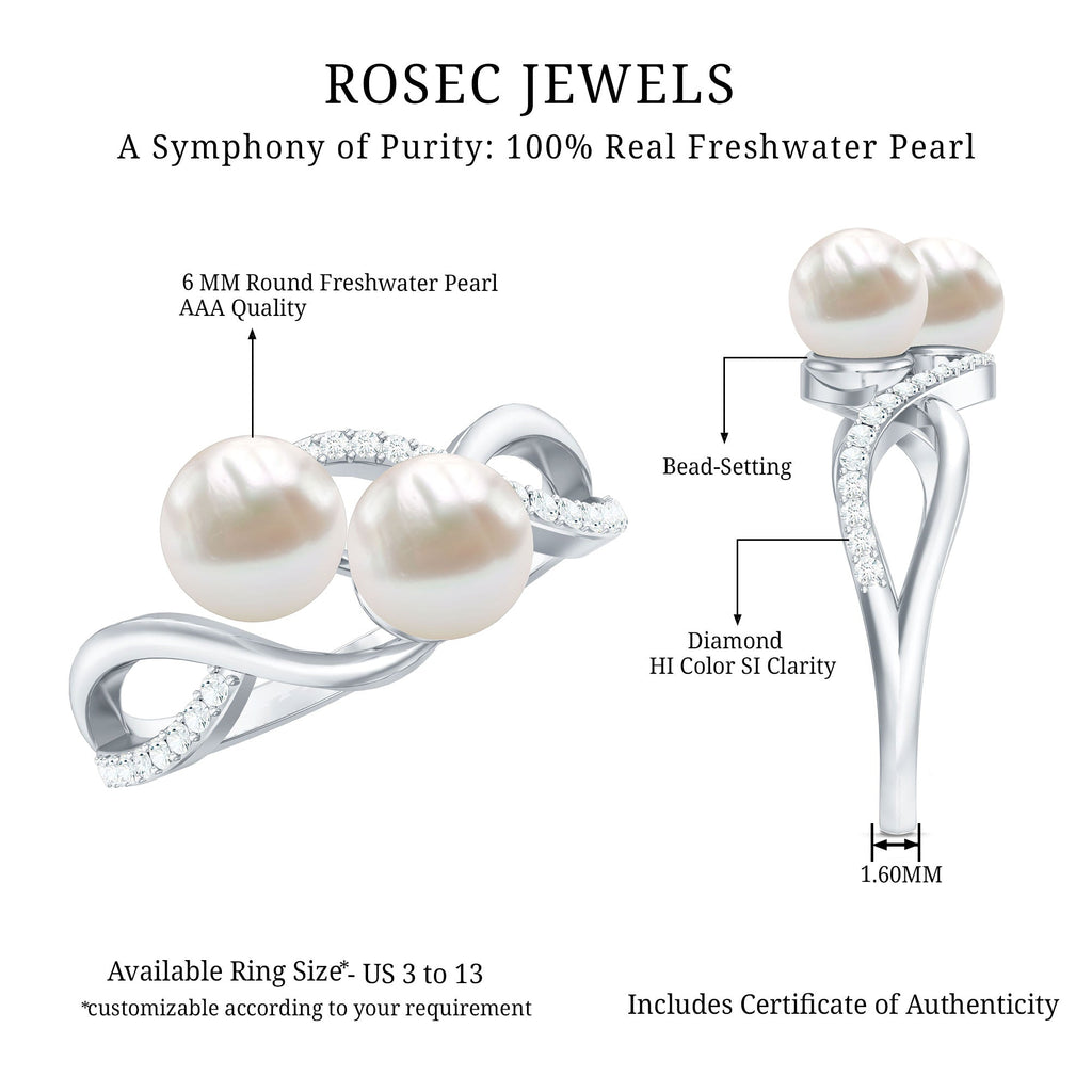 Genuine Freshwater Pearl Toi Et Moi Crossover Ring with Diamond