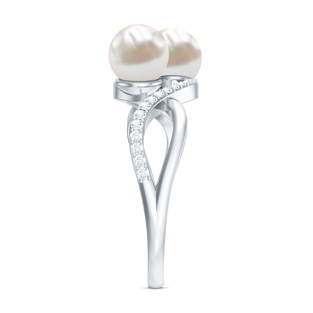 Genuine Freshwater Pearl Toi Et Moi Crossover Ring with Diamond