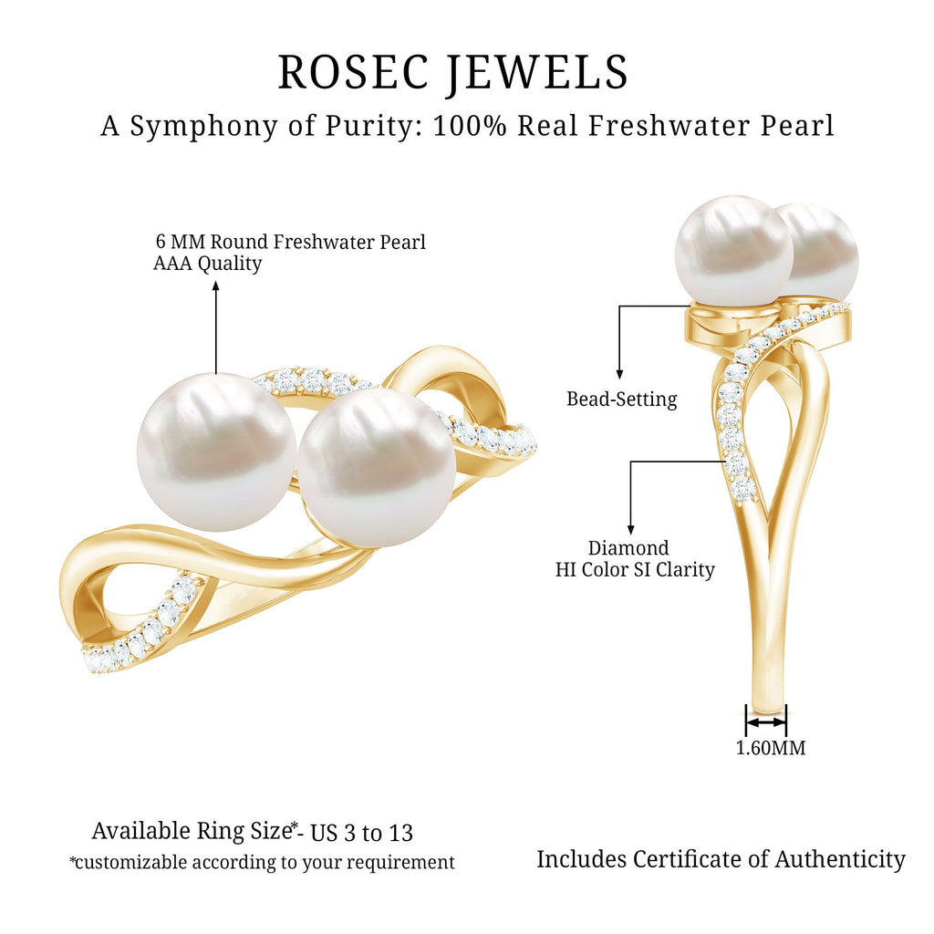 Genuine Freshwater Pearl Toi Et Moi Crossover Ring with Diamond
