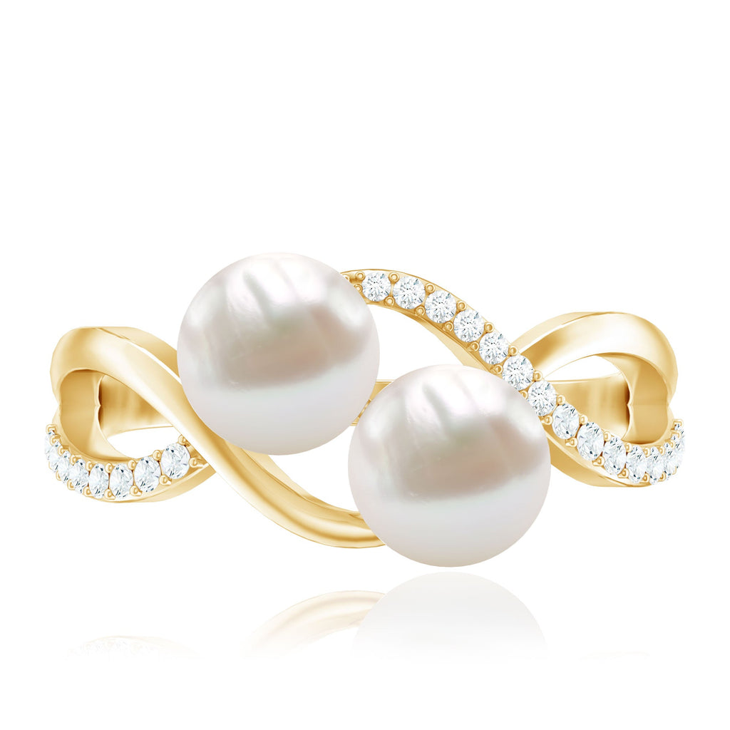 Genuine Freshwater Pearl Toi Et Moi Crossover Ring with Diamond