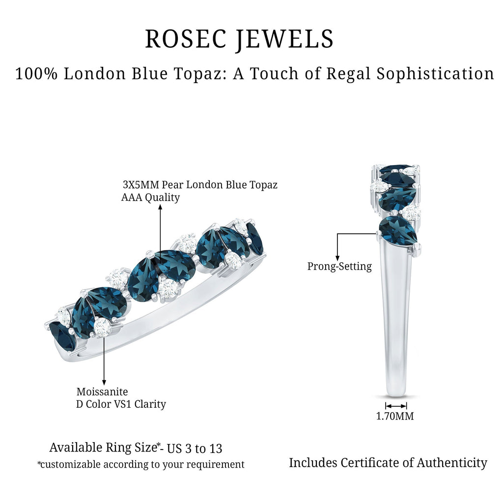 Pear Shape London Blue Topaz Half Eternity Band with Moissanite