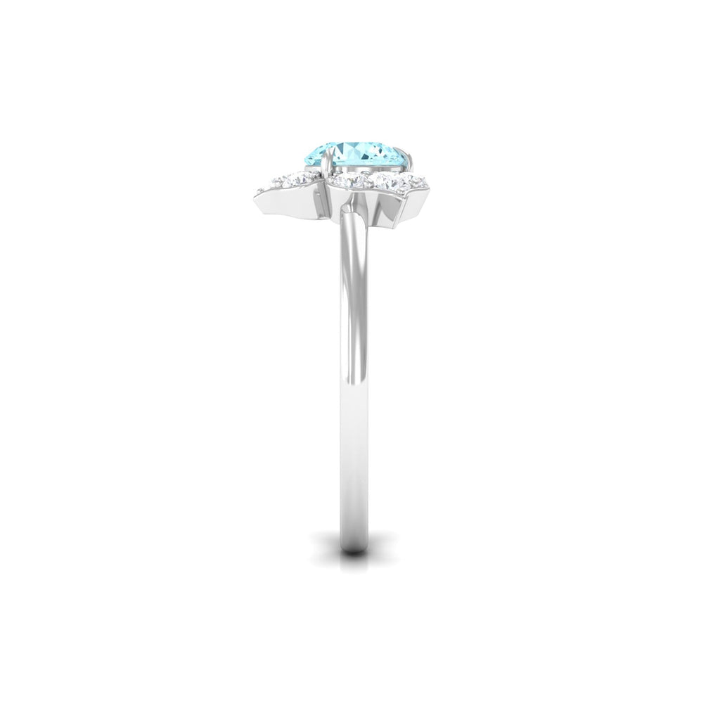 1 CT Round Aquamarine Flower Engagement Ring with Diamond