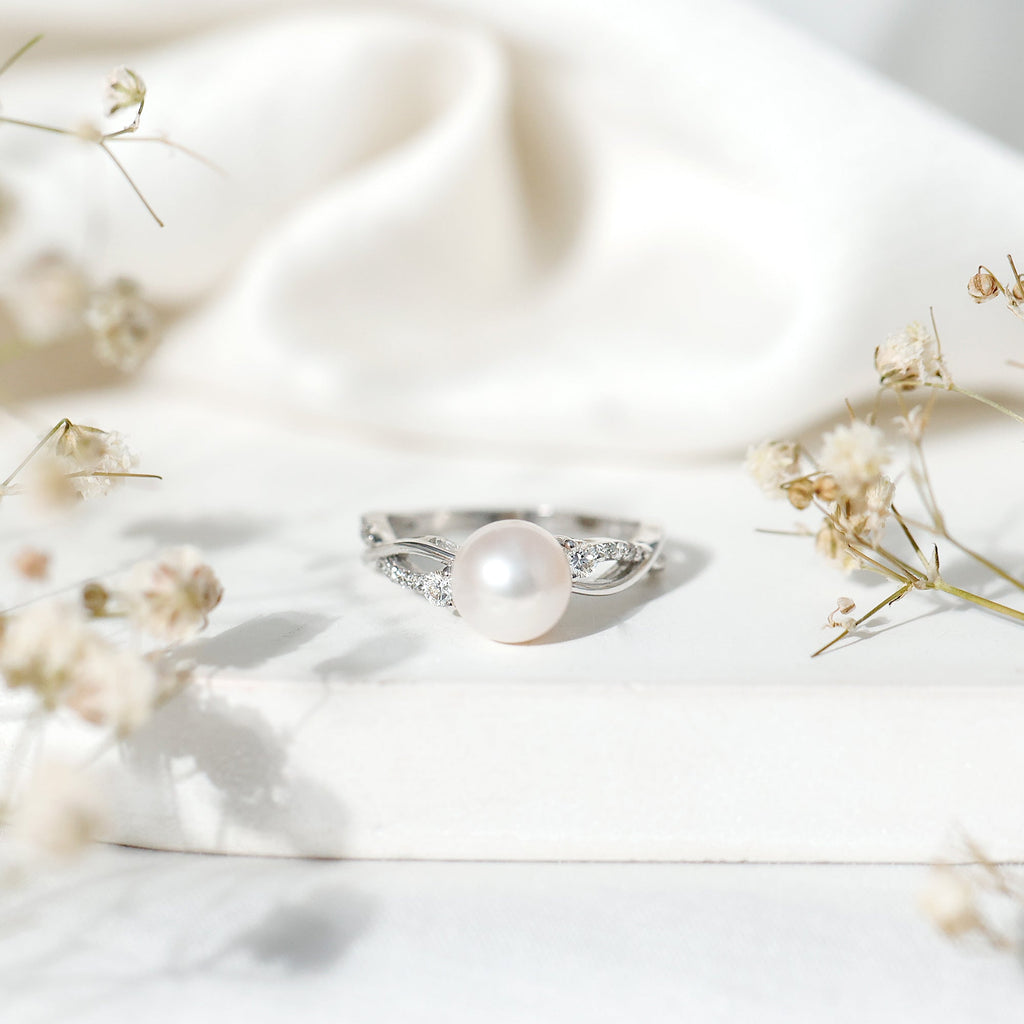 Natural Freshwater Pearl and Diamond Solitaire Crossover Ring