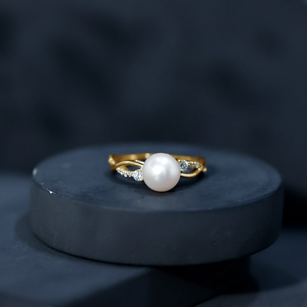 Natural Freshwater Pearl and Diamond Solitaire Crossover Ring