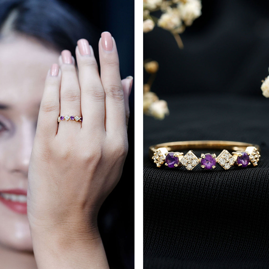 Round Amethyst and Diamond Semi Eternity Band Ring