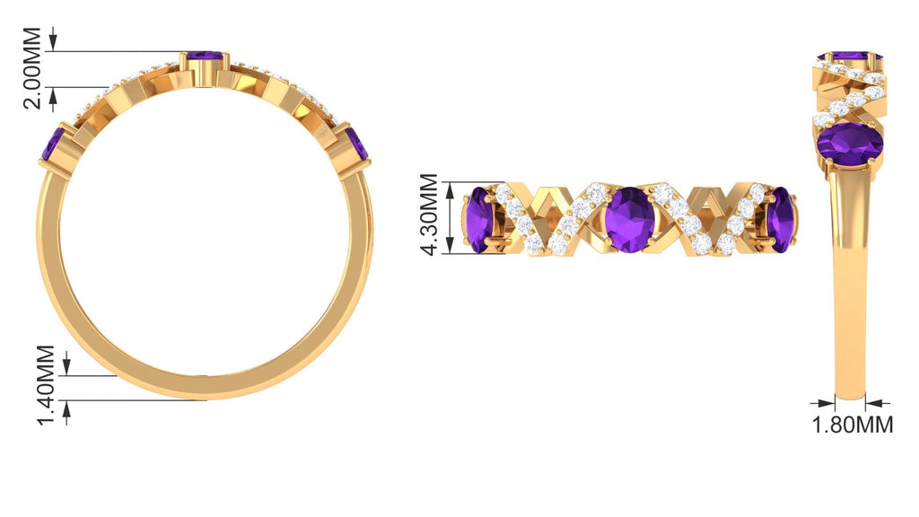 Oval Amethyst Criss Cross Half Eternity Band Ring with Diamond