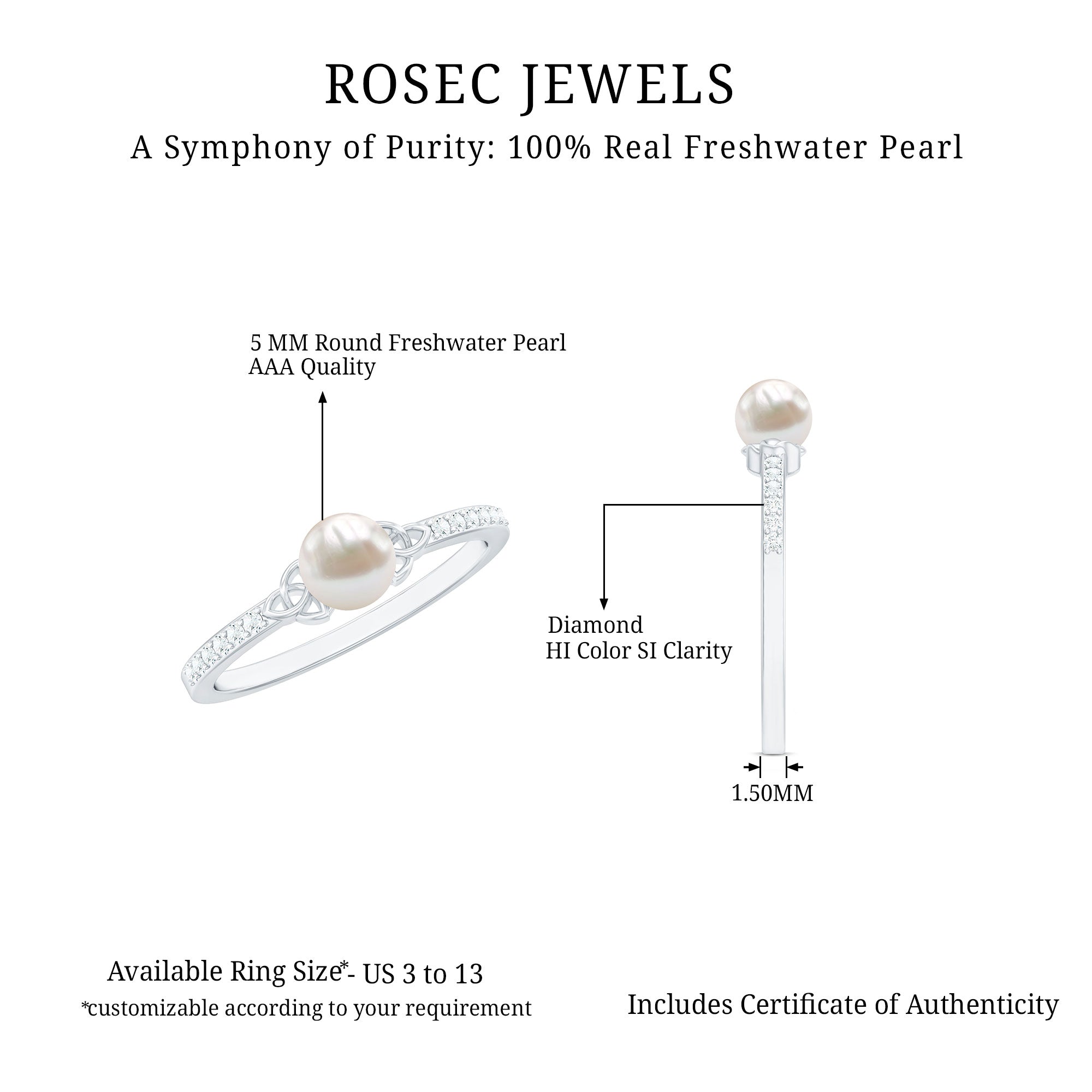 Freshwater Pearl and Diamond Side Stone Engagement Ring with Celtic Details