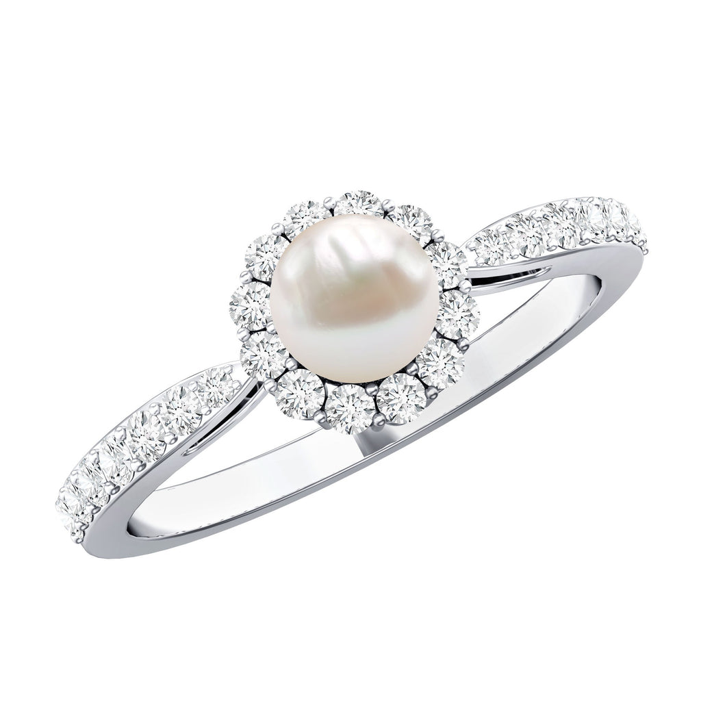 2.75 CT Classic Freshwater Pearl Promise Ring with Diamond Halo