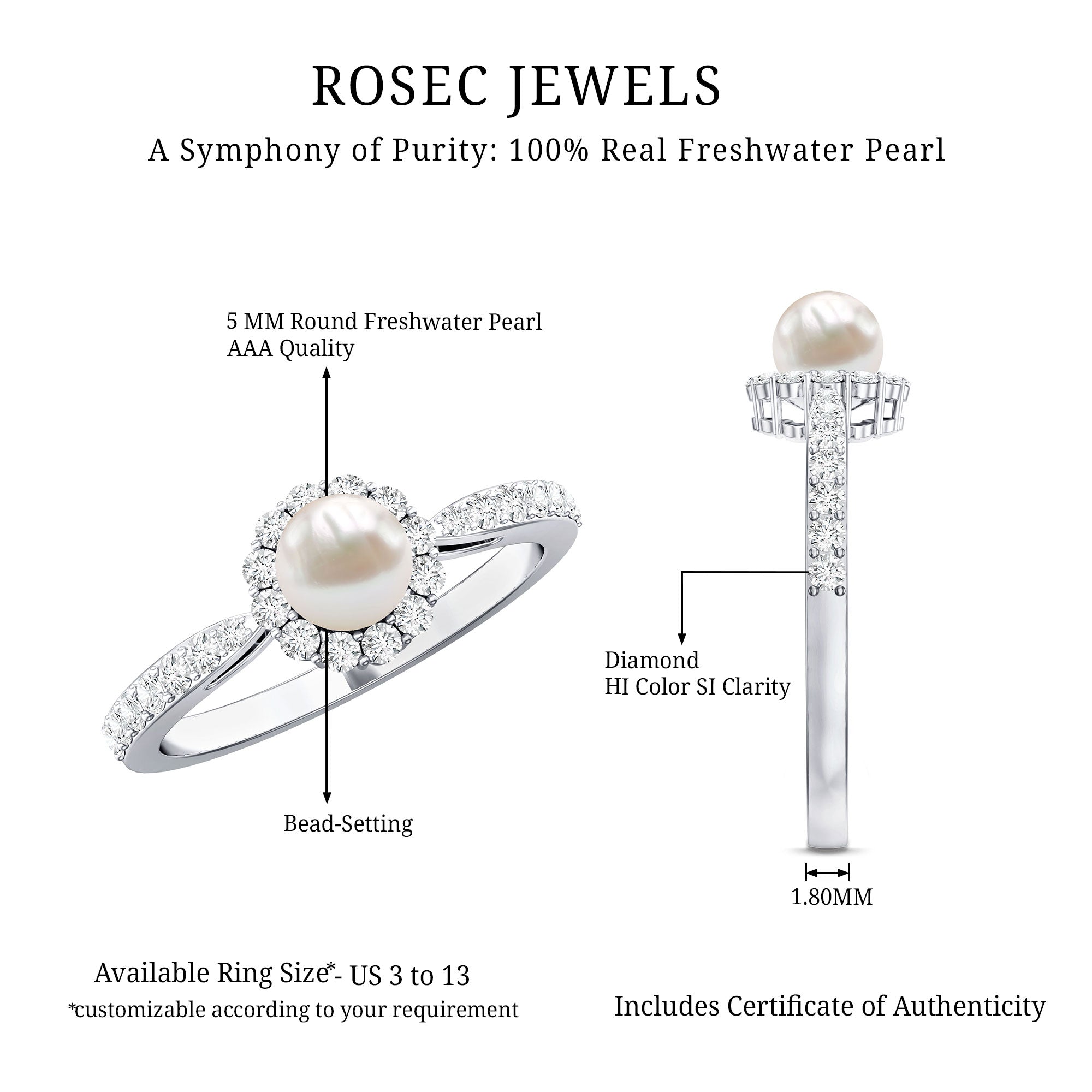 2.75 CT Classic Freshwater Pearl Promise Ring with Diamond Halo