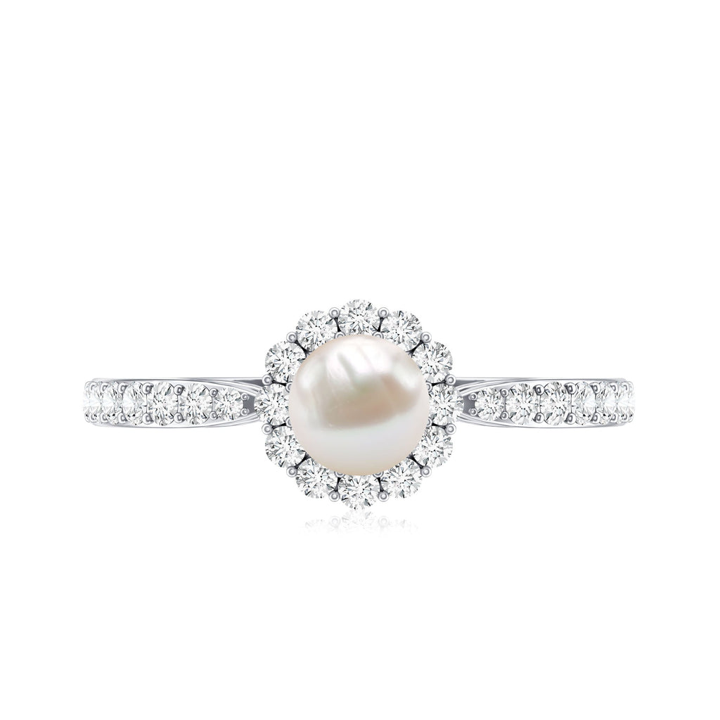 2.75 CT Classic Freshwater Pearl Promise Ring with Diamond Halo
