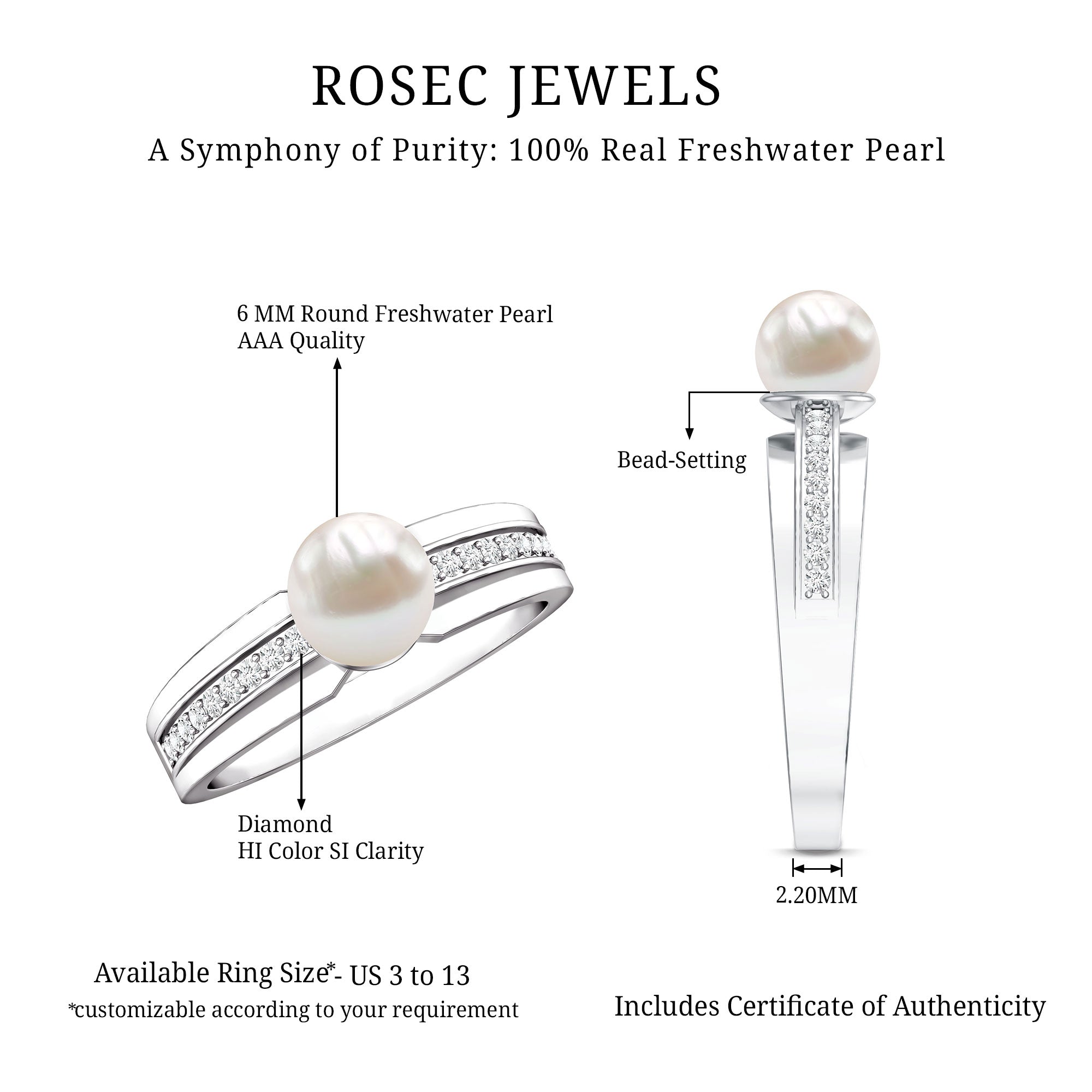 2.50 CT Freshwater Pearl Solitaire Ring with Diamond Side Stones