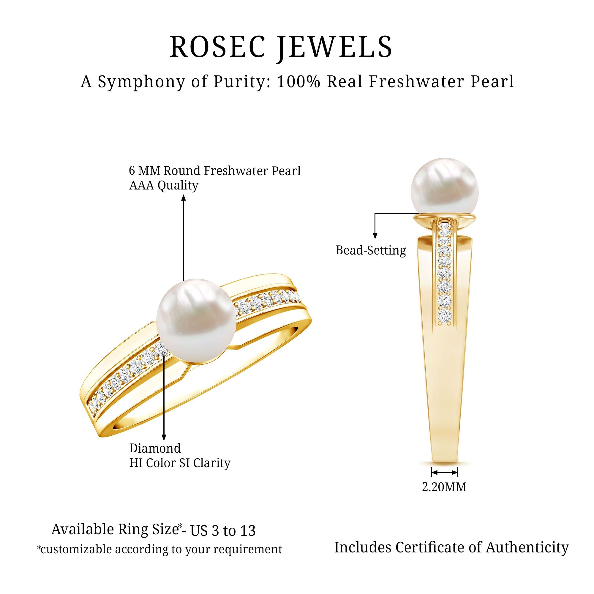 2.50 CT Freshwater Pearl Solitaire Ring with Diamond Side Stones