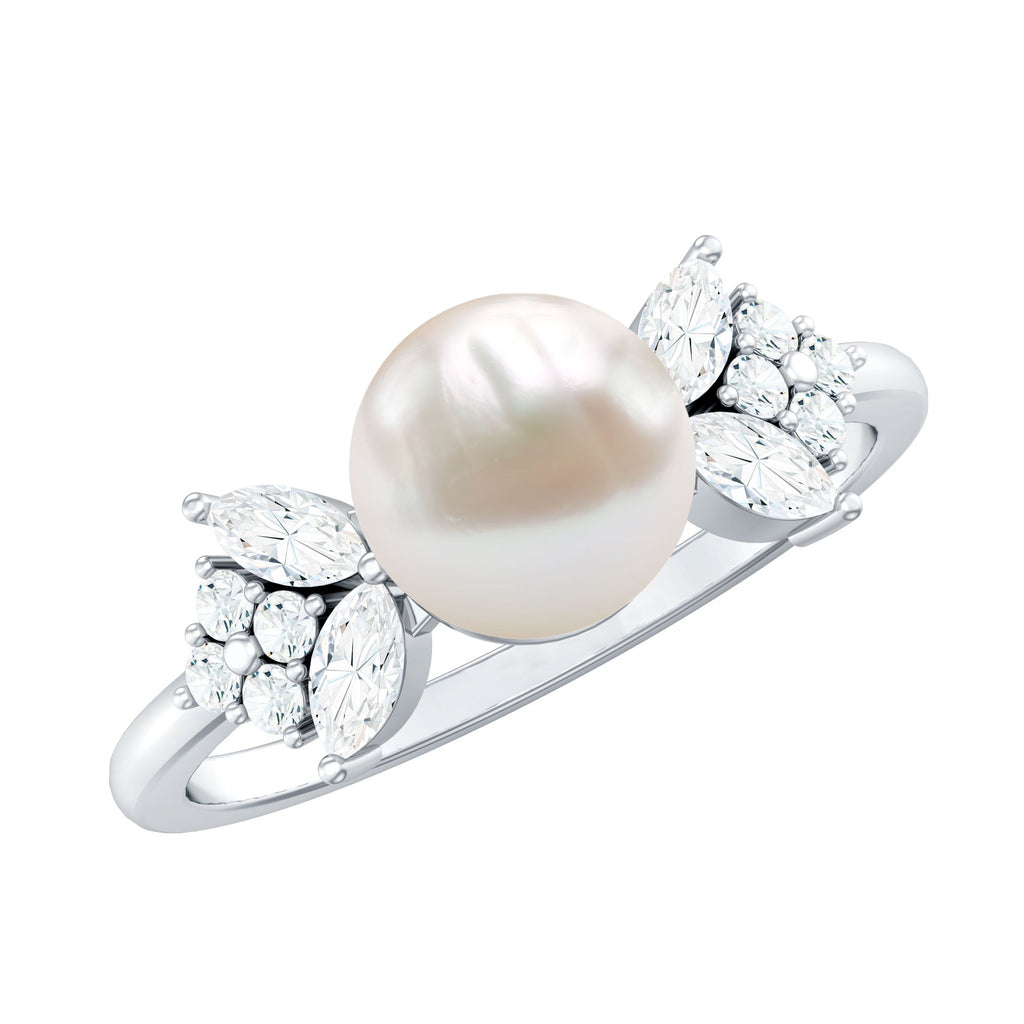 Nature Inspired Freshwater Pearl Solitaire Engagement Ring with Diamond Accent