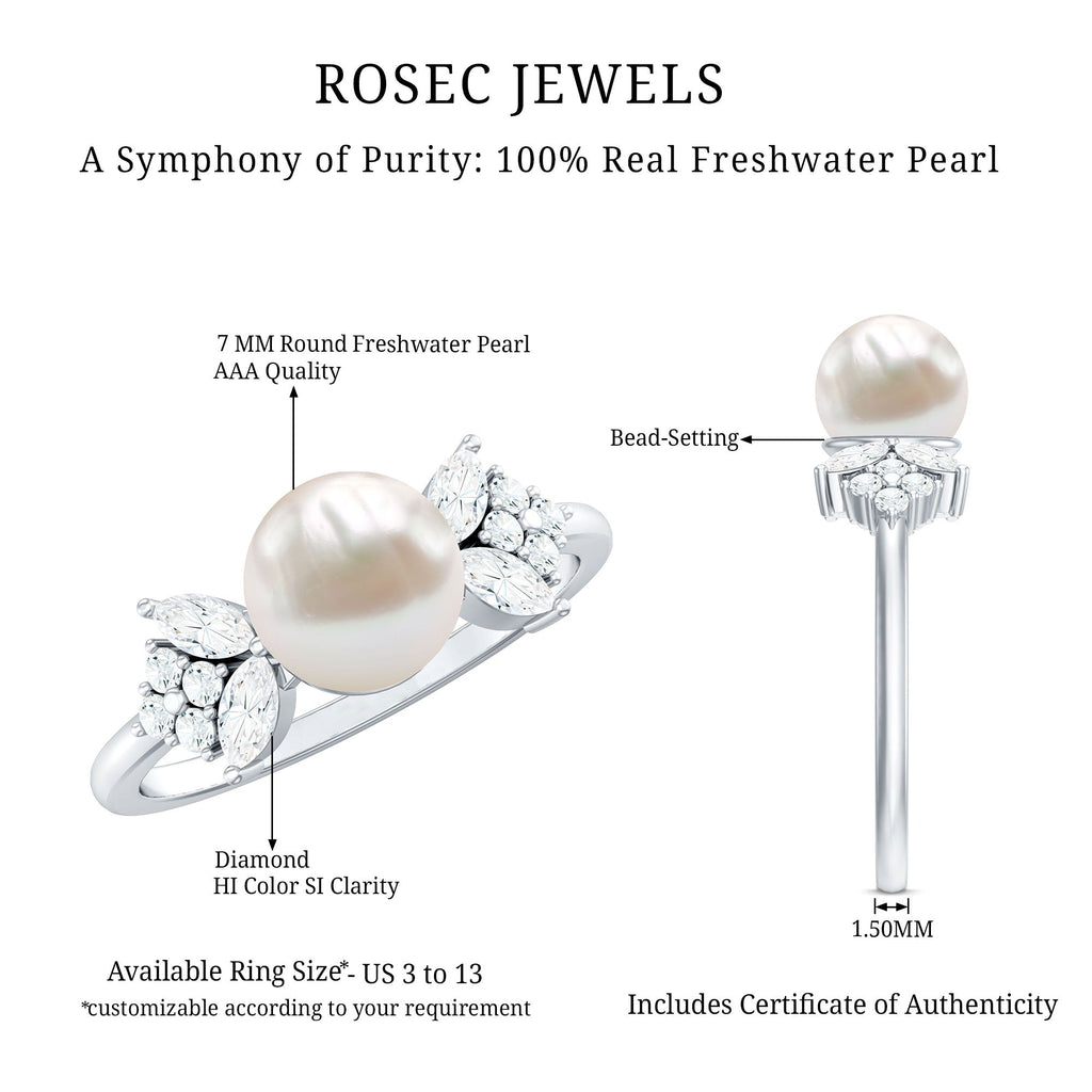 Nature Inspired Freshwater Pearl Solitaire Engagement Ring with Diamond Accent