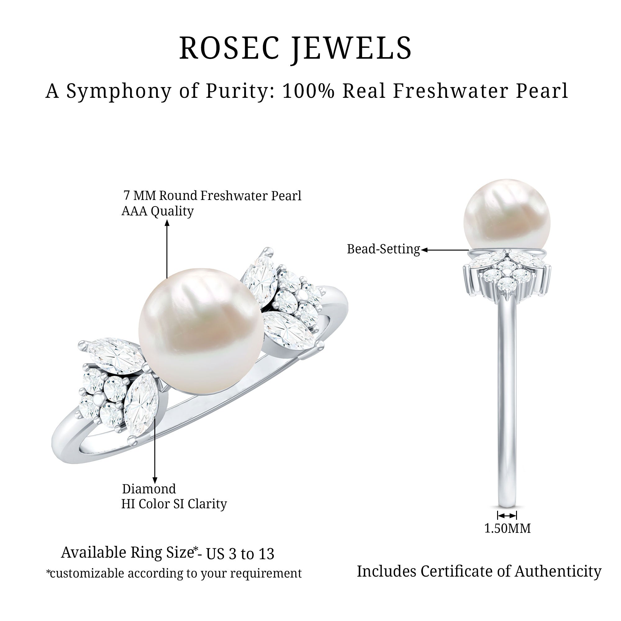 Nature Inspired Freshwater Pearl Solitaire Engagement Ring with Diamond Accent